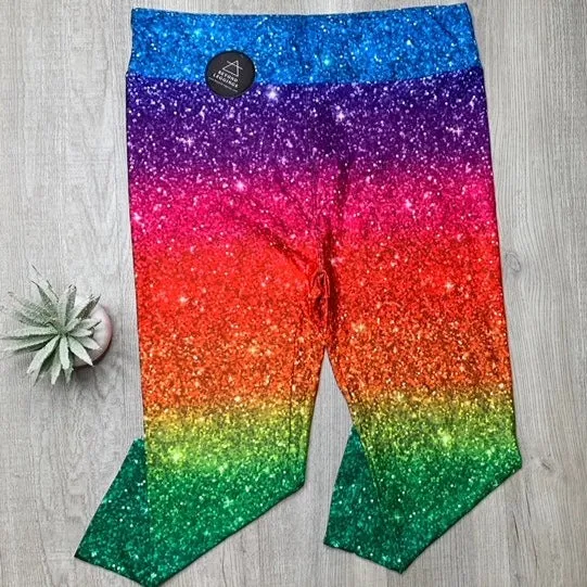 Rainbow Sparkle Glitter Printed Design Capri Leggings