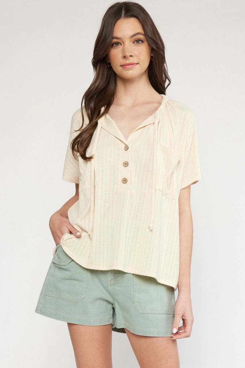 Ribbed Button Front Short Sleeve Top - Natural