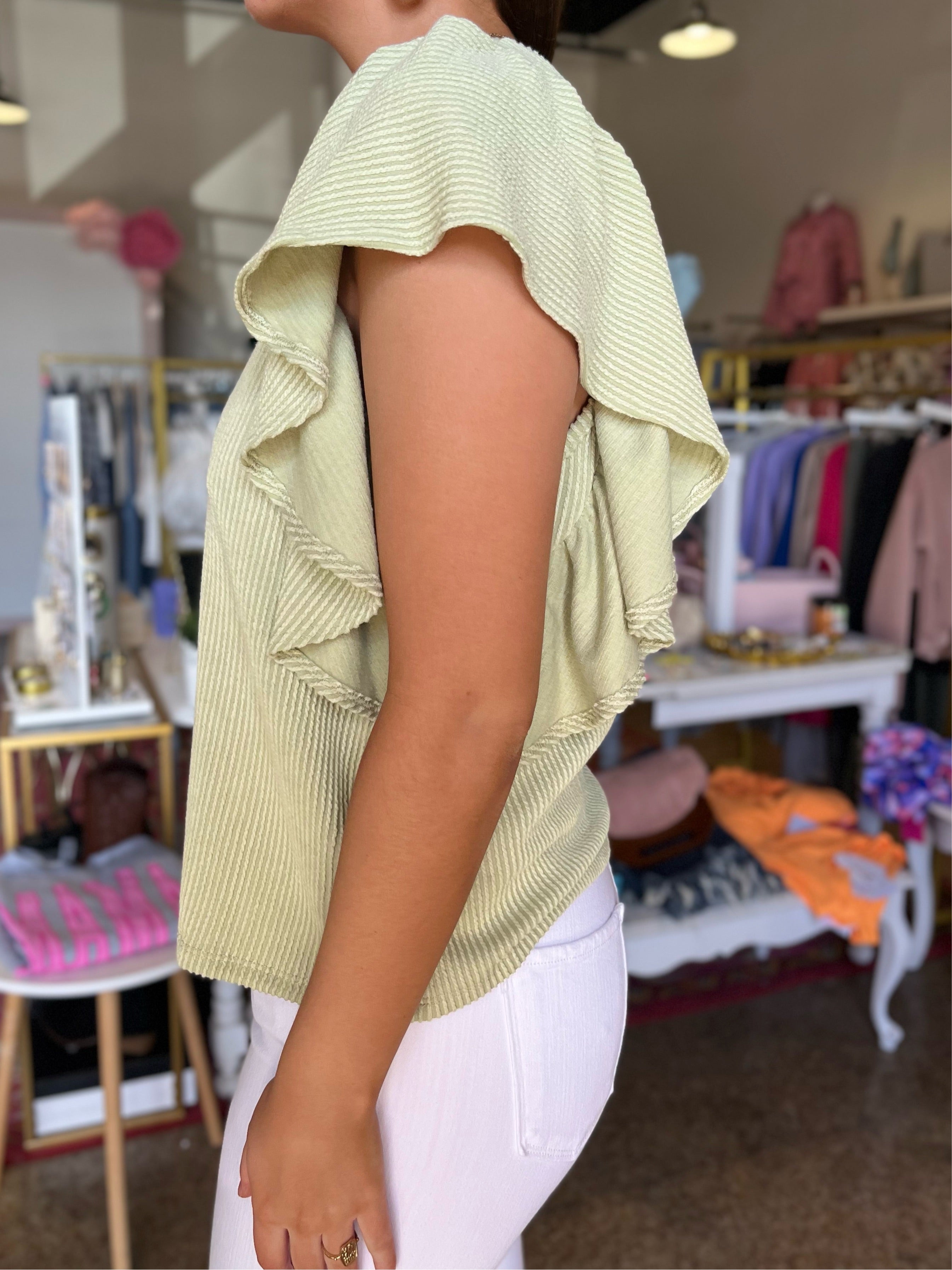 Ribbed Flutter Sleeve Top - Celery