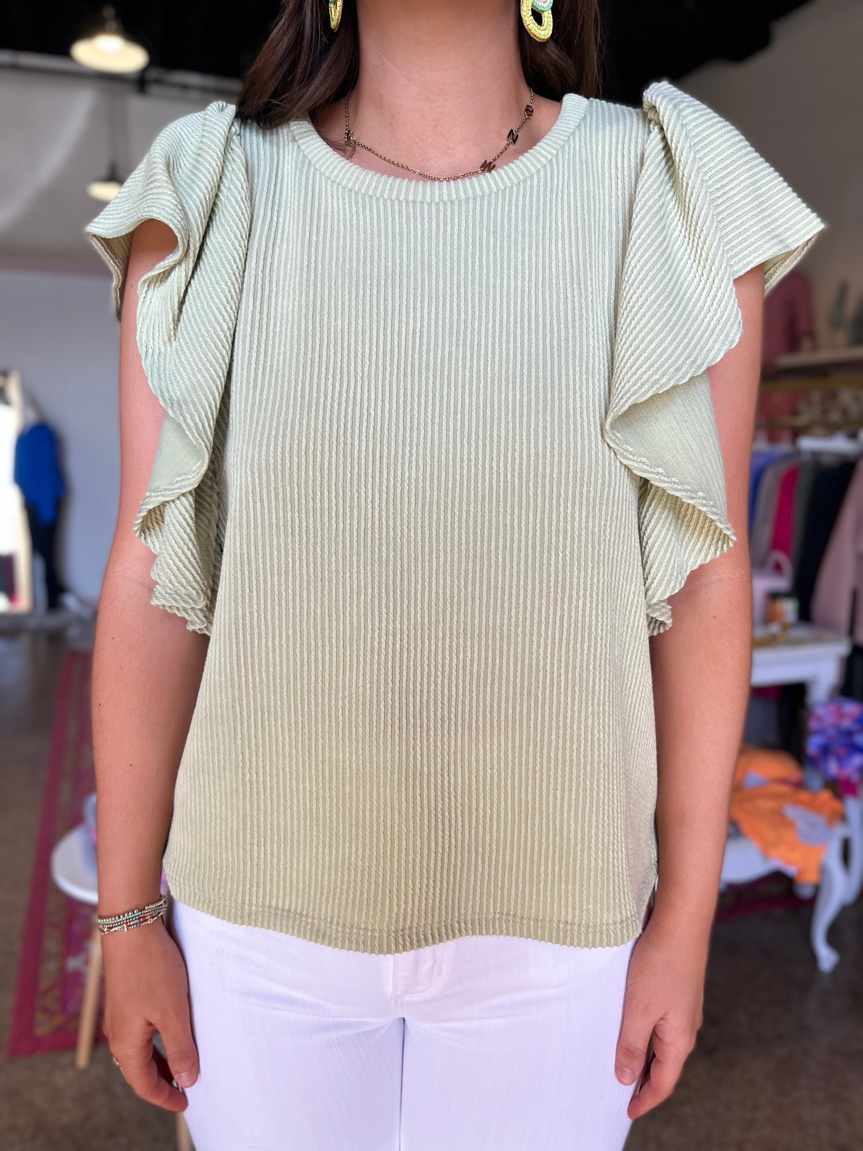 Ribbed Flutter Sleeve Top - Celery