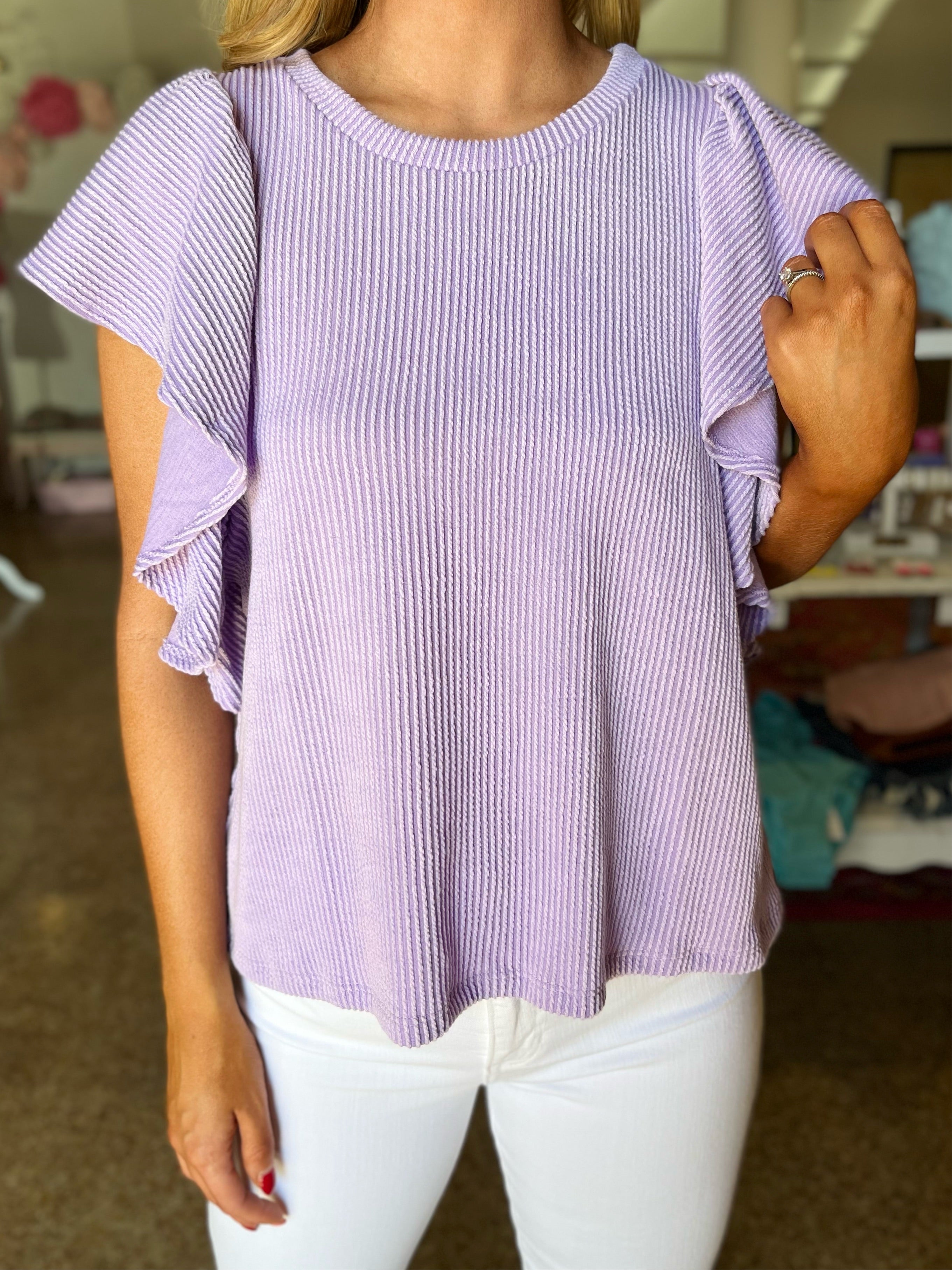 Ribbed Flutter Sleeve Top - Lavender