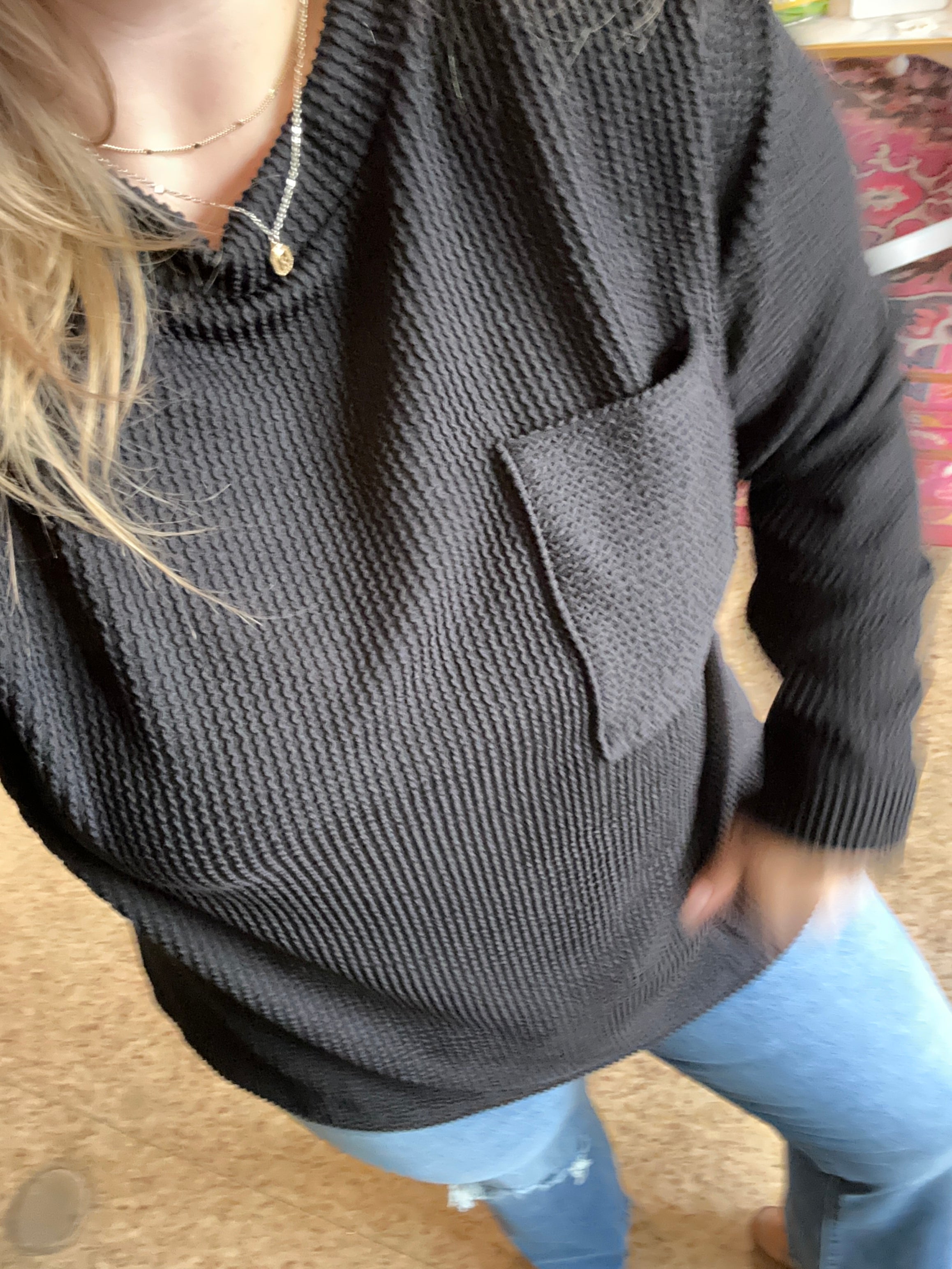 Ribbed Long Sleeve Top- Black