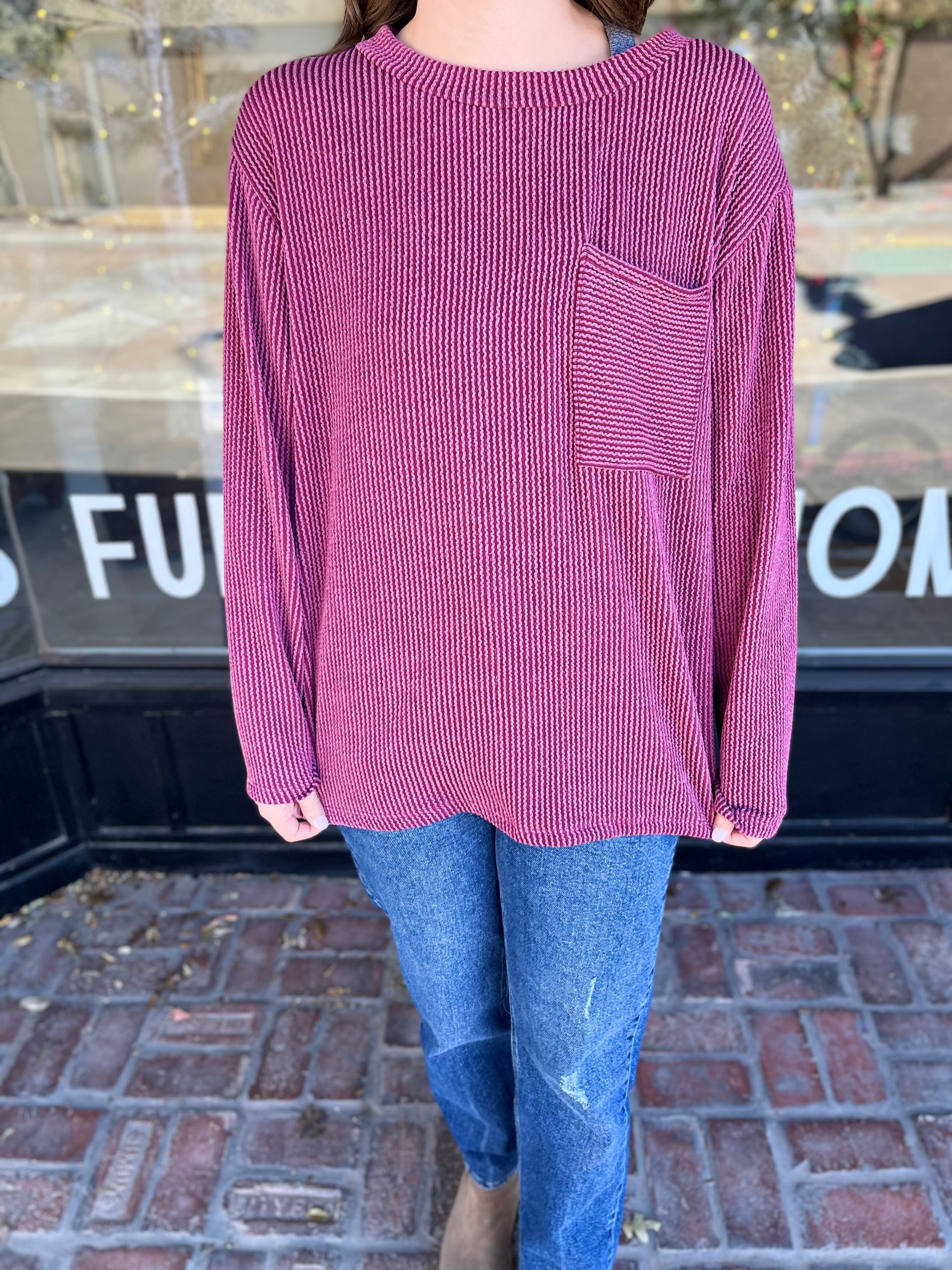 Ribbed Round Neck Long Sleeve Top- Wine