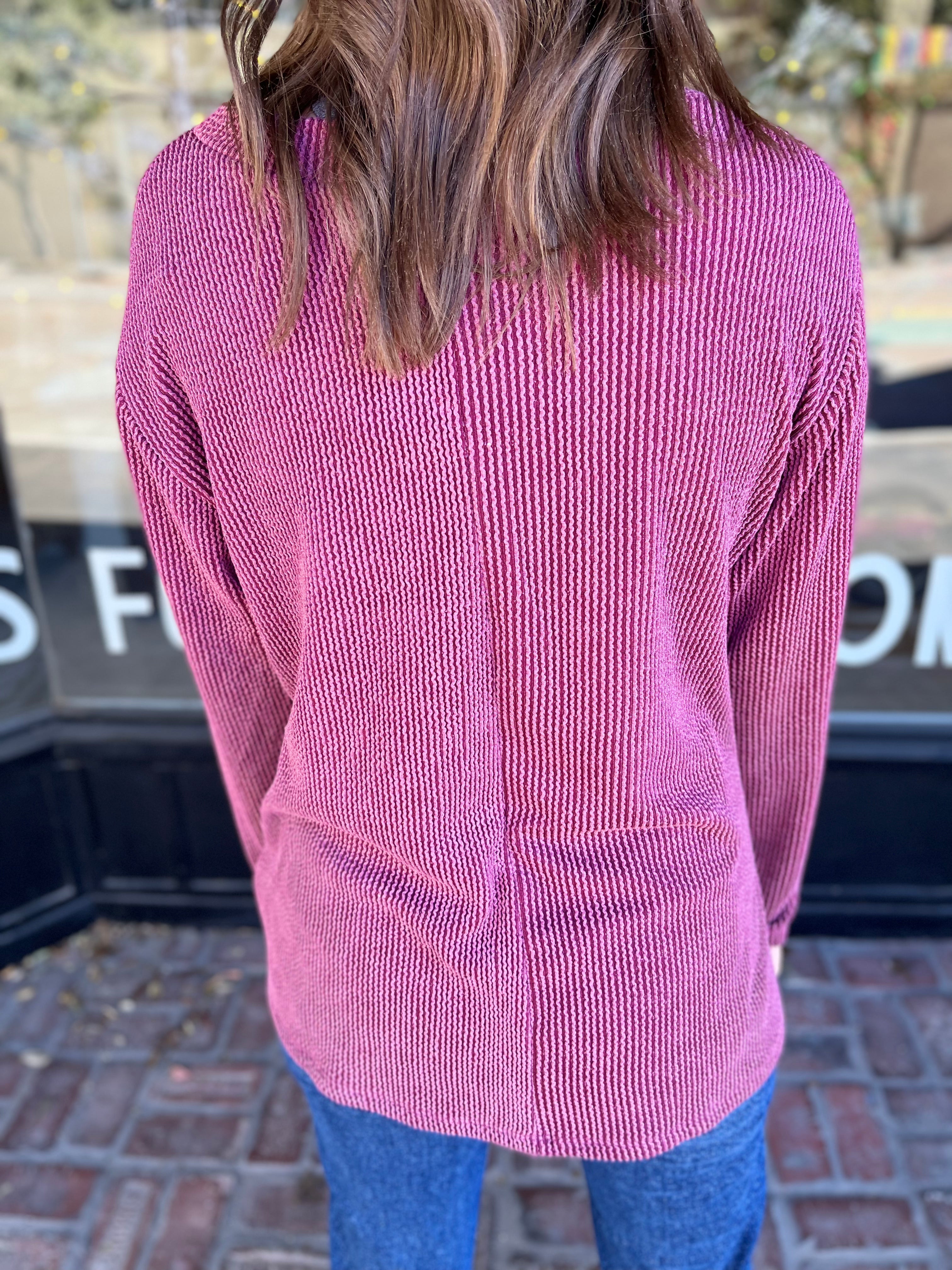 Ribbed Round Neck Long Sleeve Top- Wine