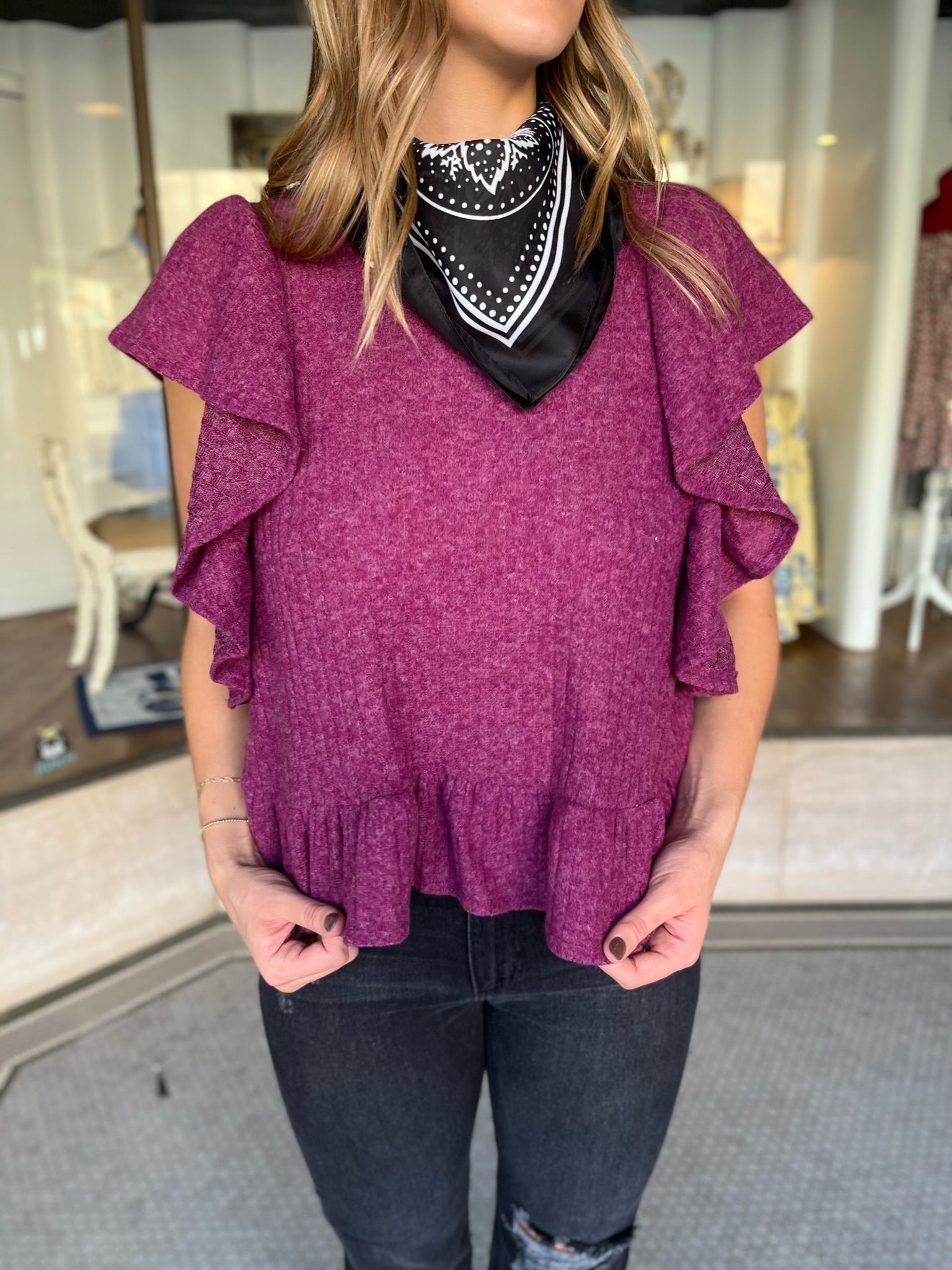 Ribbed Ruffle Sleeve Crop Top - Plum