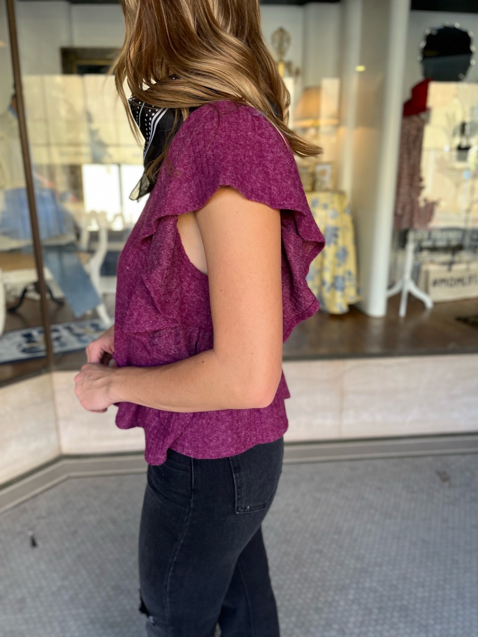 Ribbed Ruffle Sleeve Crop Top - Plum