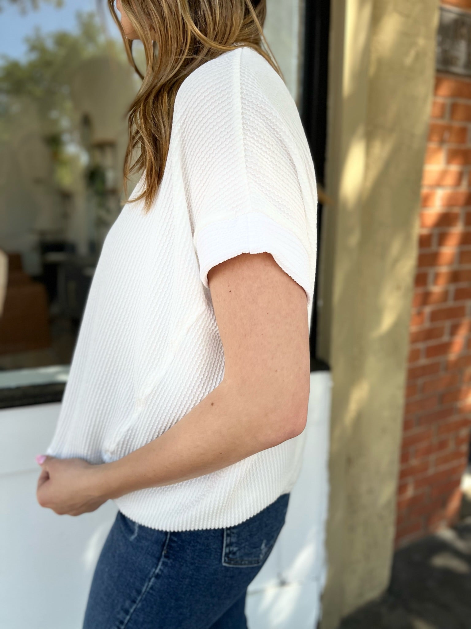 Ribbed Short Sleeve Top - Off White