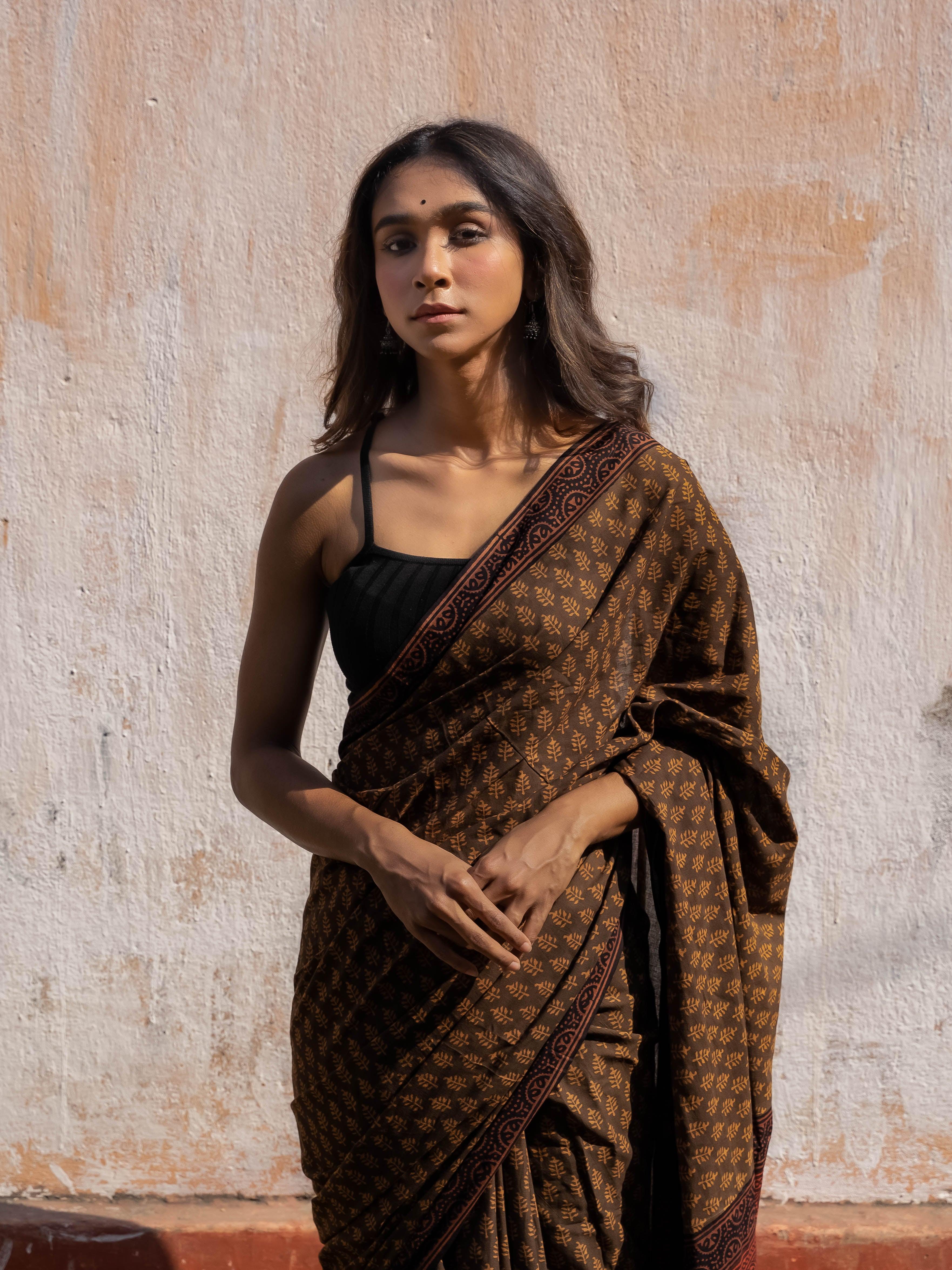 Roheda Brown Mughal Pine natural dyed handblock printed  Bagru saree