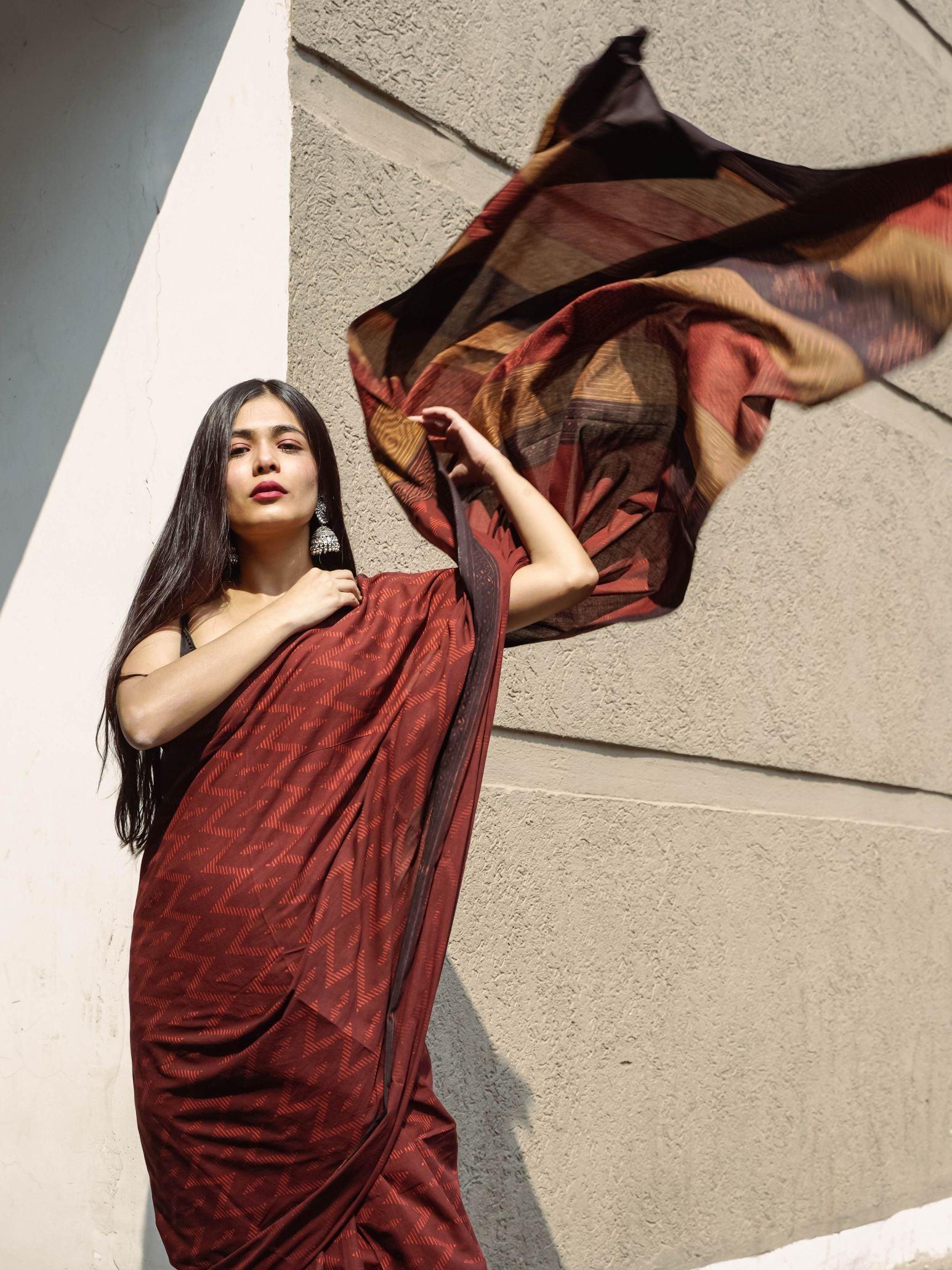 Roheda Chevron natural dyed handblock printed Bagru saree