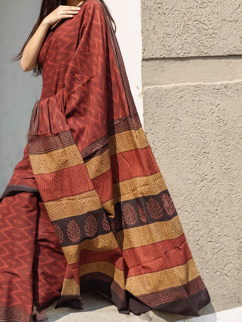 Roheda Chevron natural dyed handblock printed Bagru saree