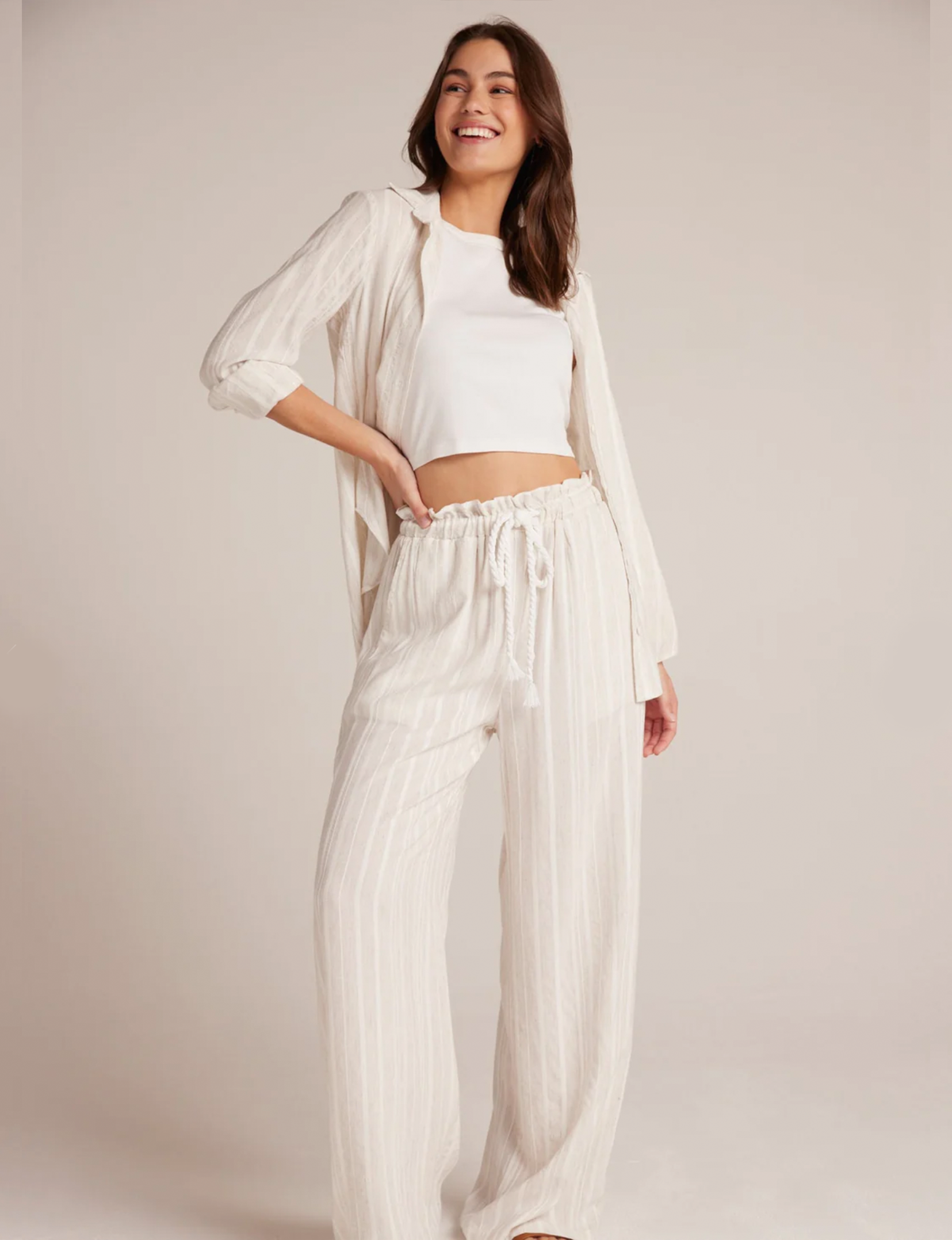 Ruffle Waist Wide Leg, White Sand Stripes