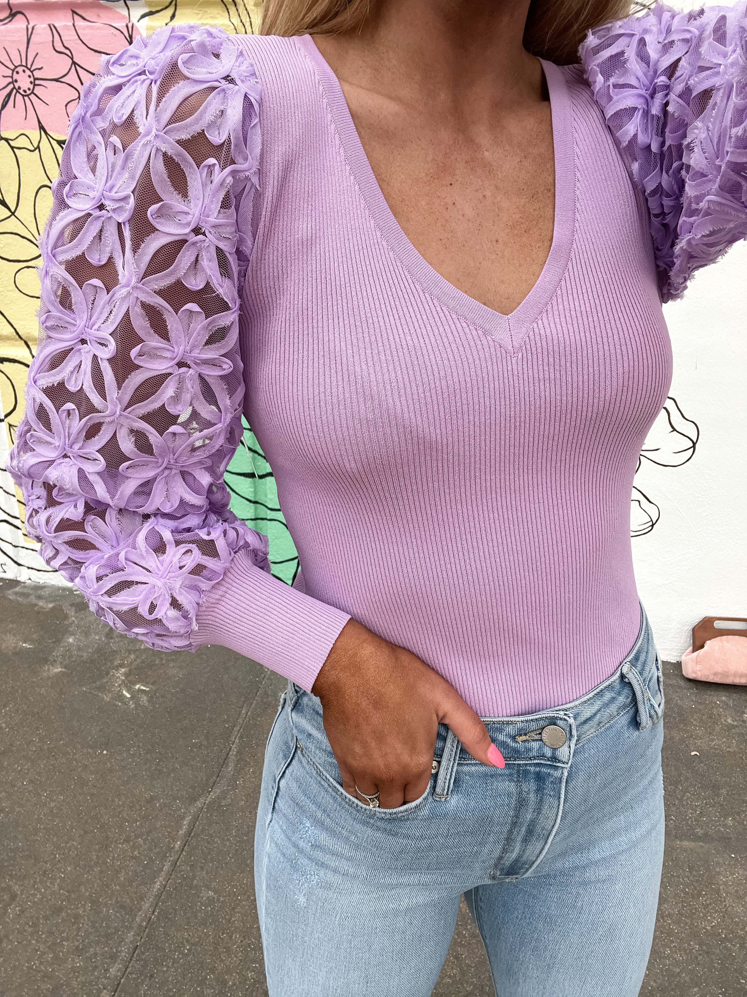 Sheer Flower Sleeve Ribbed Top - Lilac