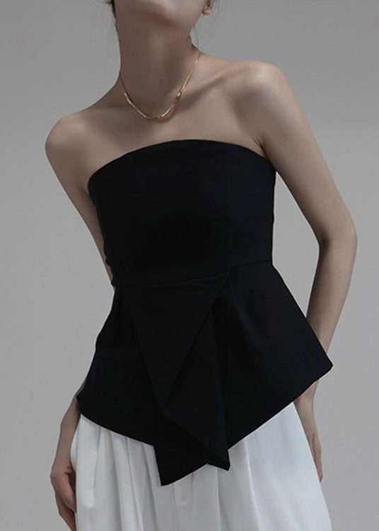 Slim Fit Black Asymmetrical Cold Shoulder Cotton Chest Wrapping Top Sleeveless AB1038