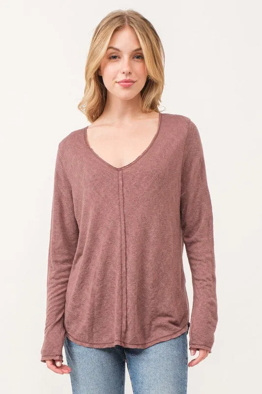 Slubby V-Neck Long Sleeve Top