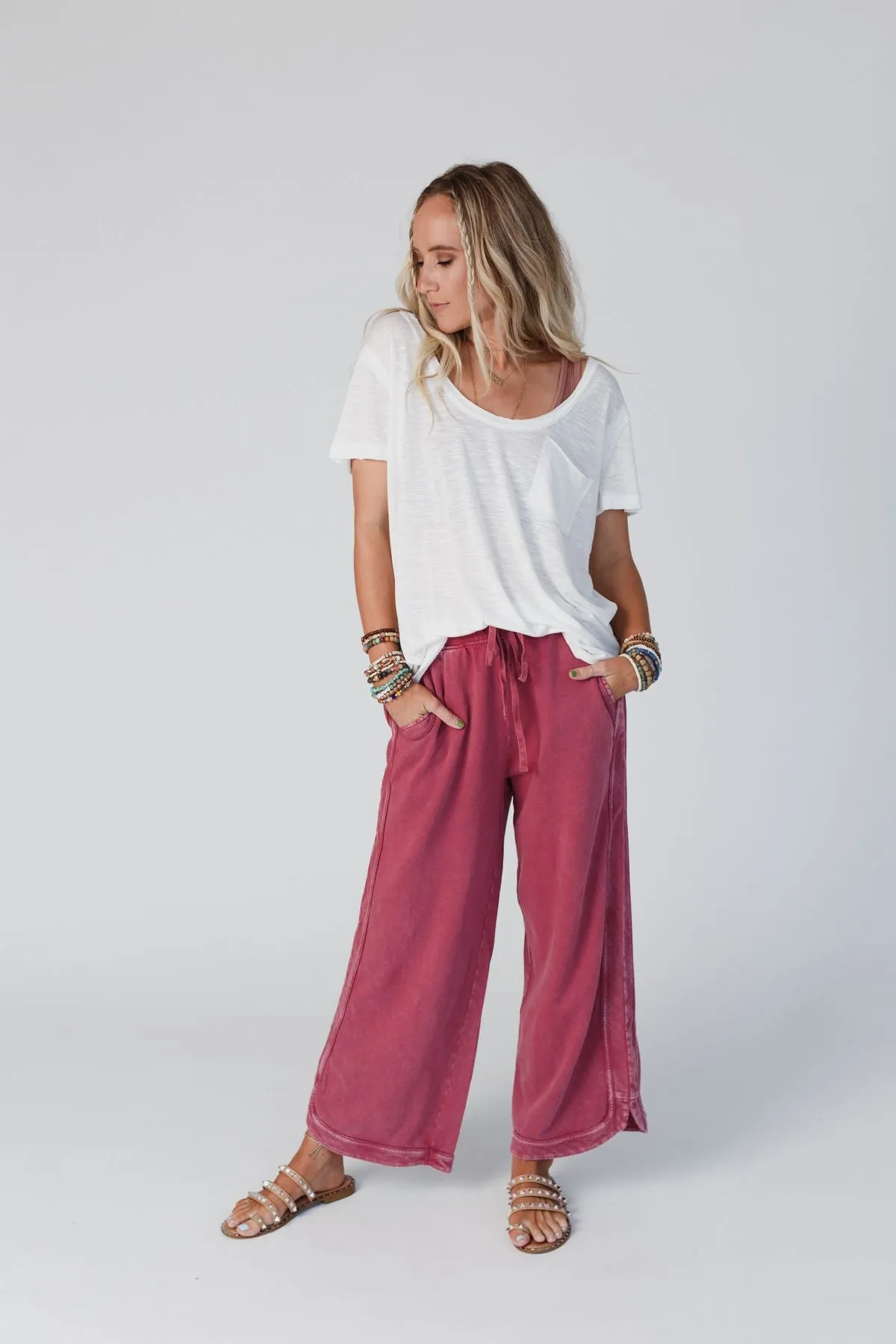 So Comfy Wide Leg Pant Cropped Length - Burgundy