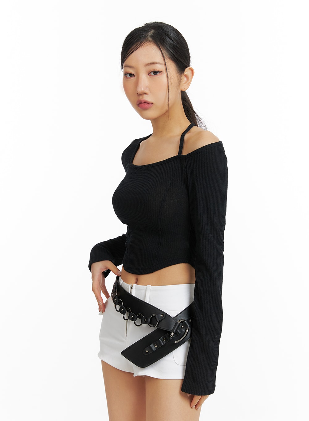 Solid Knit Asymmetrical Long Sleeve Top CF416