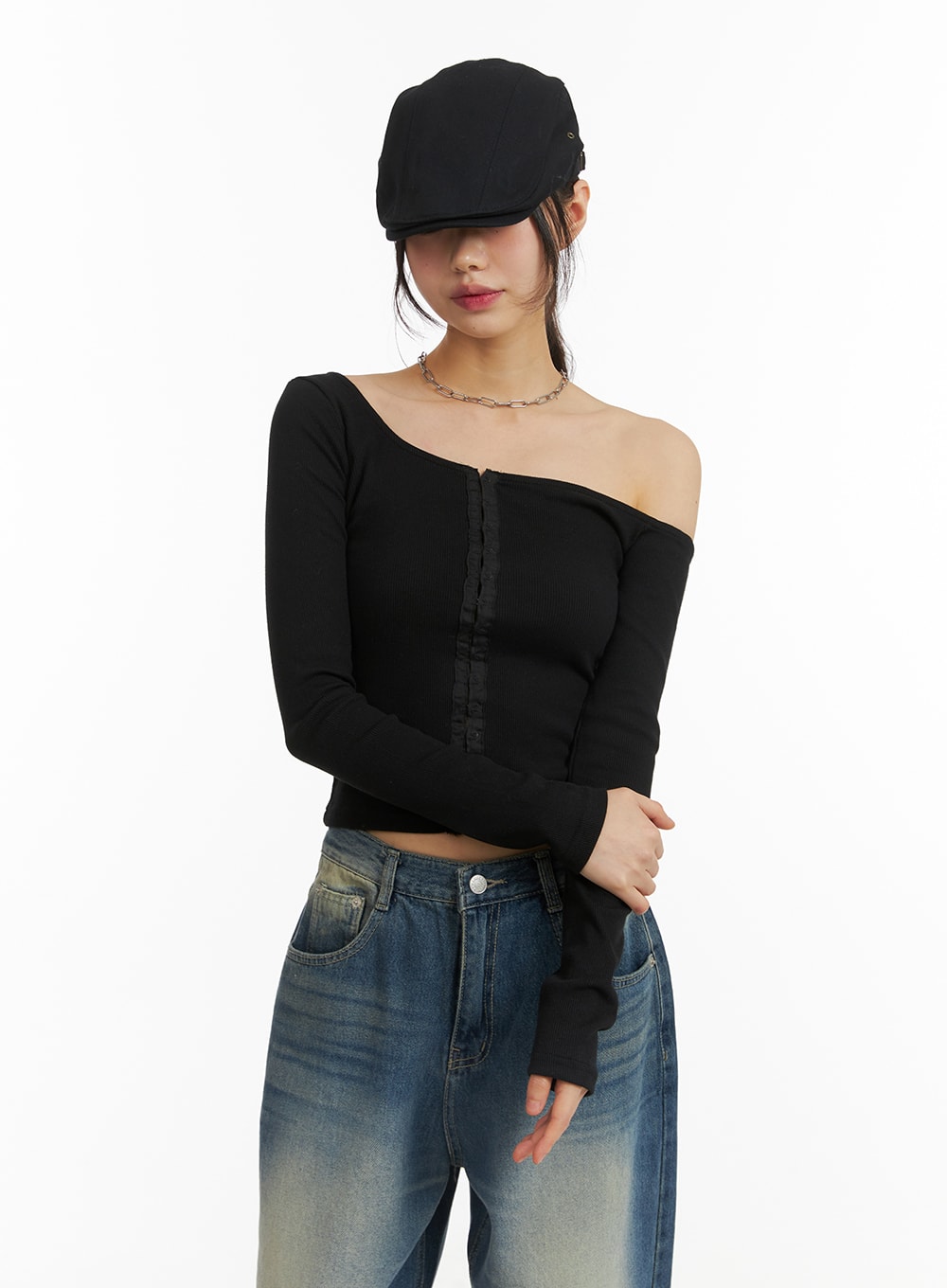 Solid Off-Shoulder Long Sleeve Top CJ415