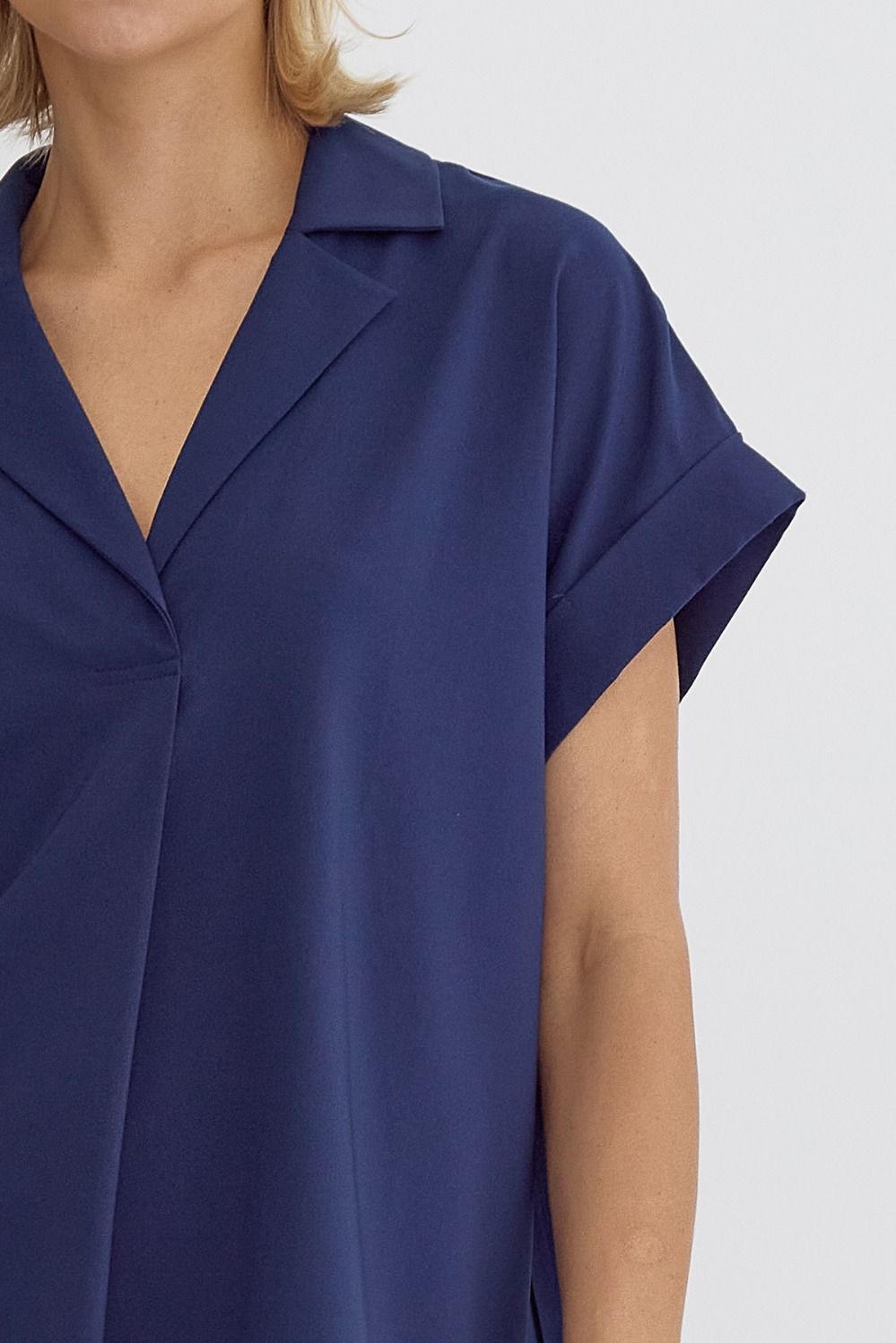 Solid V-Neck Short Sleeve Collared Back Pleat Detail Top