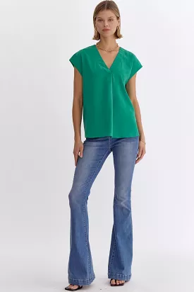 Solid V-neck Short Sleeve Placket Detail Top