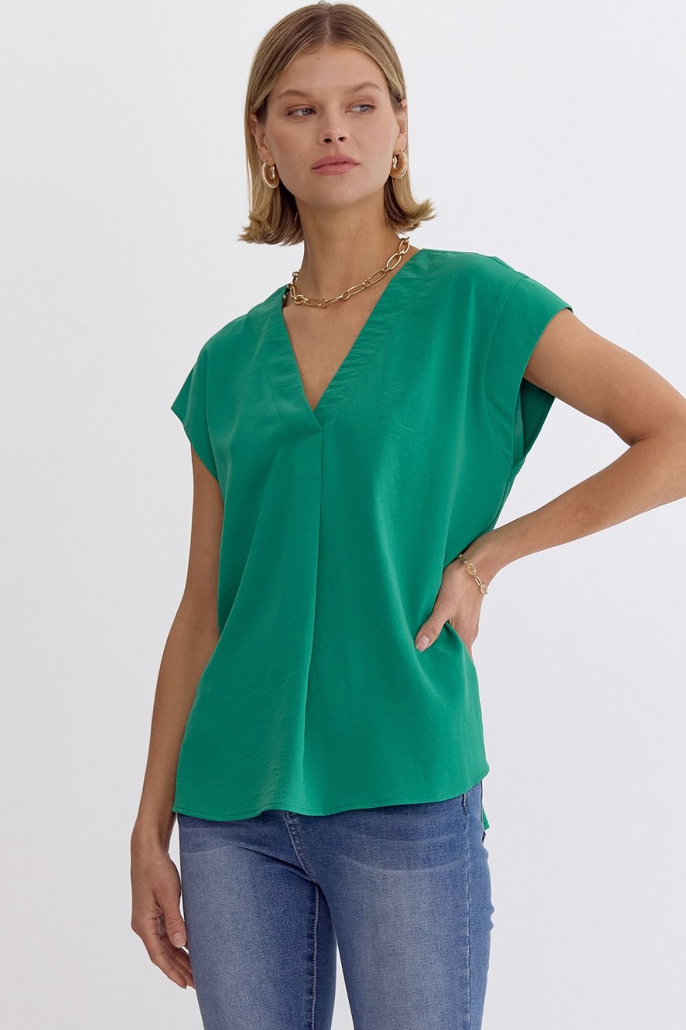 Solid V-neck Short Sleeve Placket Detail Top