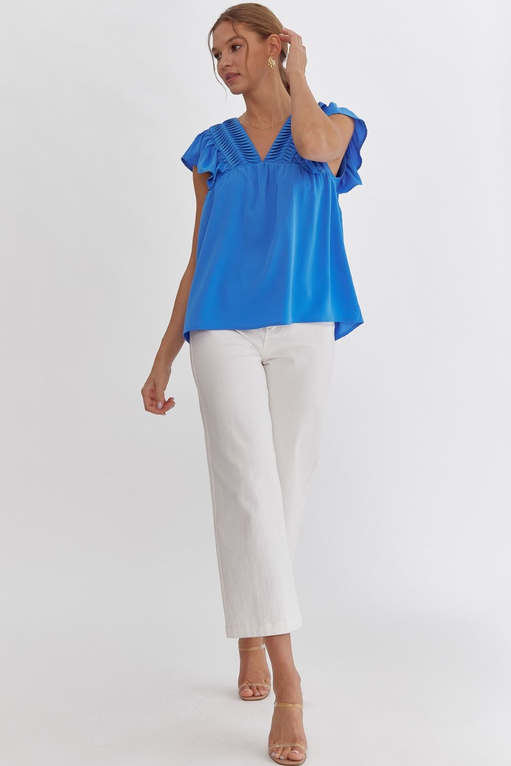 Solid V-Neck Sleeveless Ruffle Detail Top