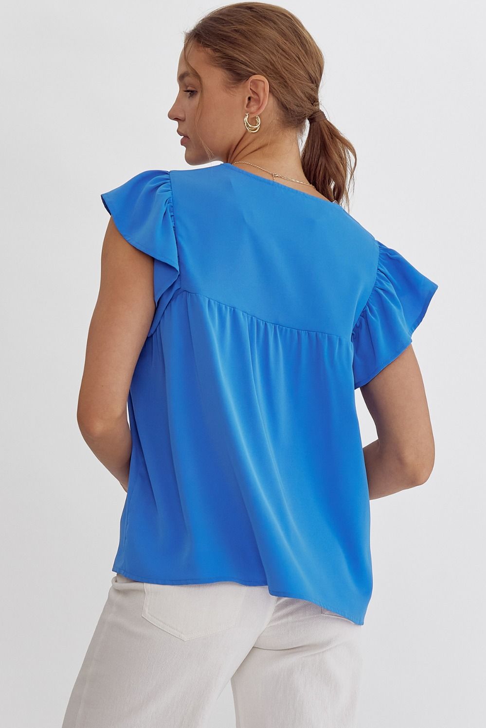 Solid V-Neck Sleeveless Ruffle Detail Top