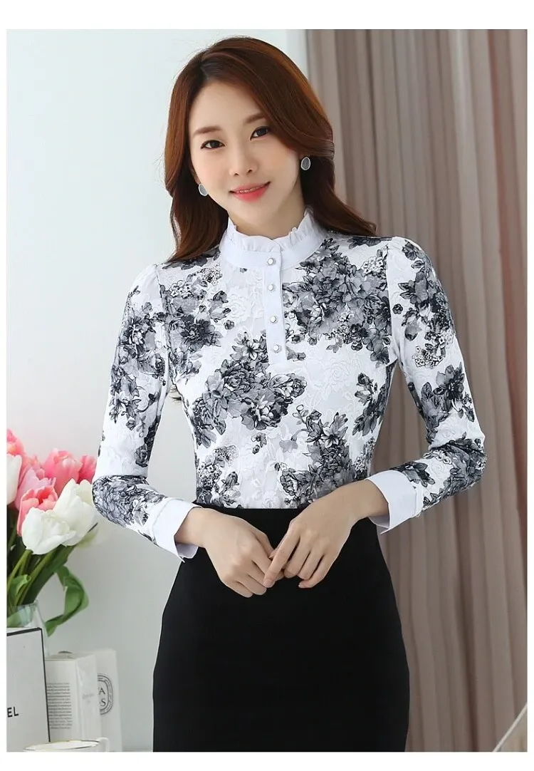 Spring Autumn Women's High Collar Crochet Lace Floral Blouse with Button