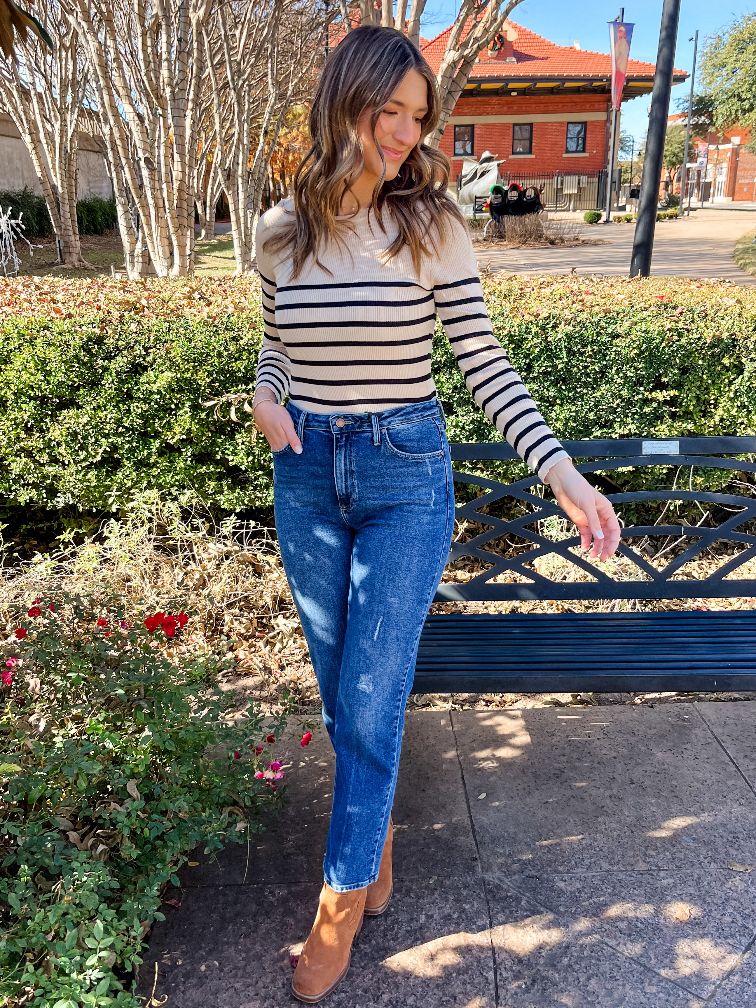 Stripe Ribbed Long Sleeve Top - Oatmeal