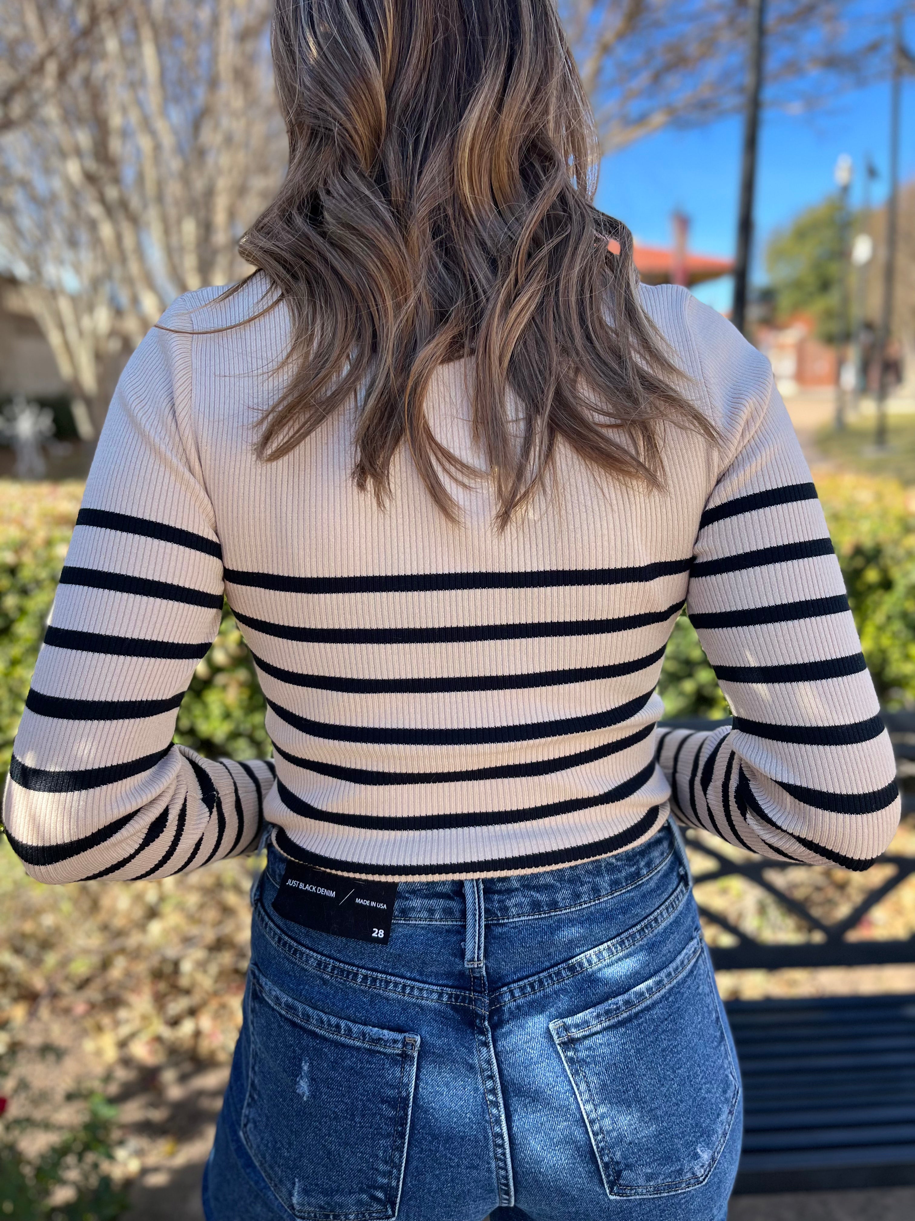 Stripe Ribbed Long Sleeve Top - Oatmeal