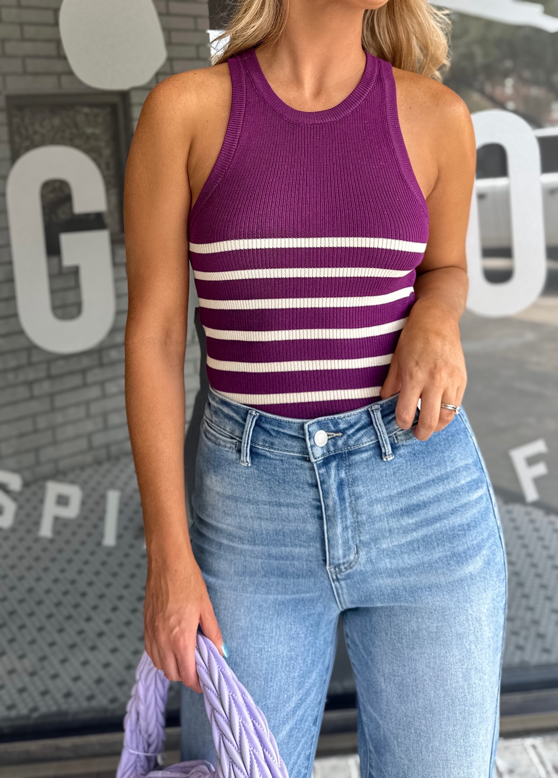 Striped Ribbed Tank Top - Purple