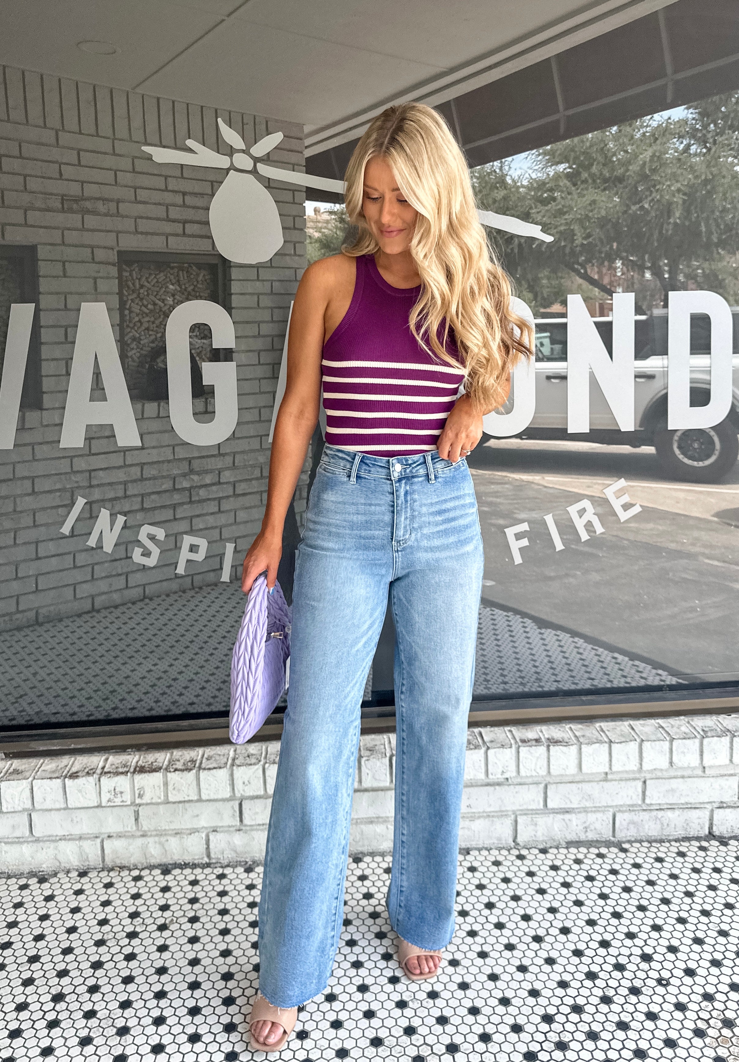 Striped Ribbed Tank Top - Purple