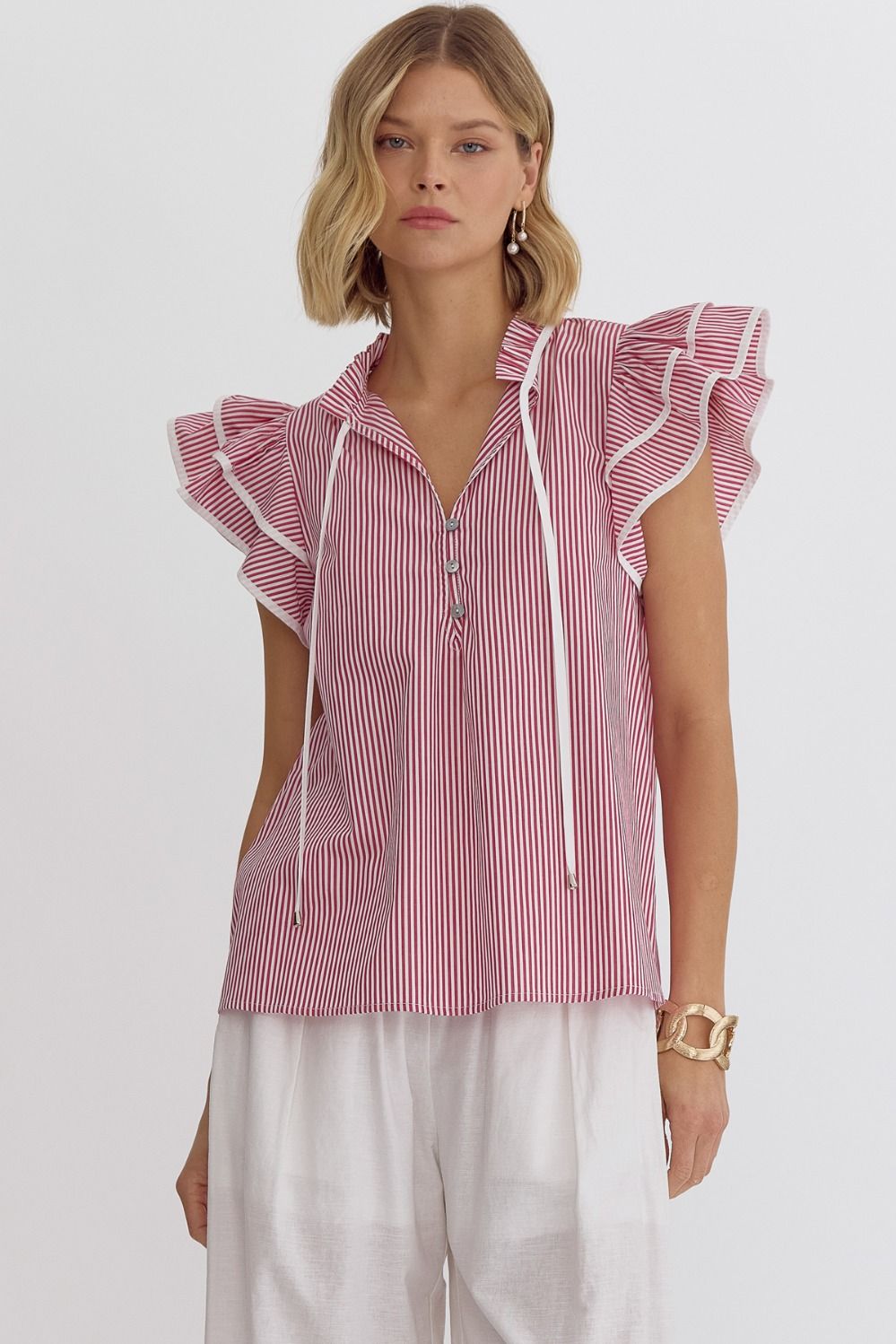 Striped Sleeves V-Neck Ruffled Neck and Sleeve