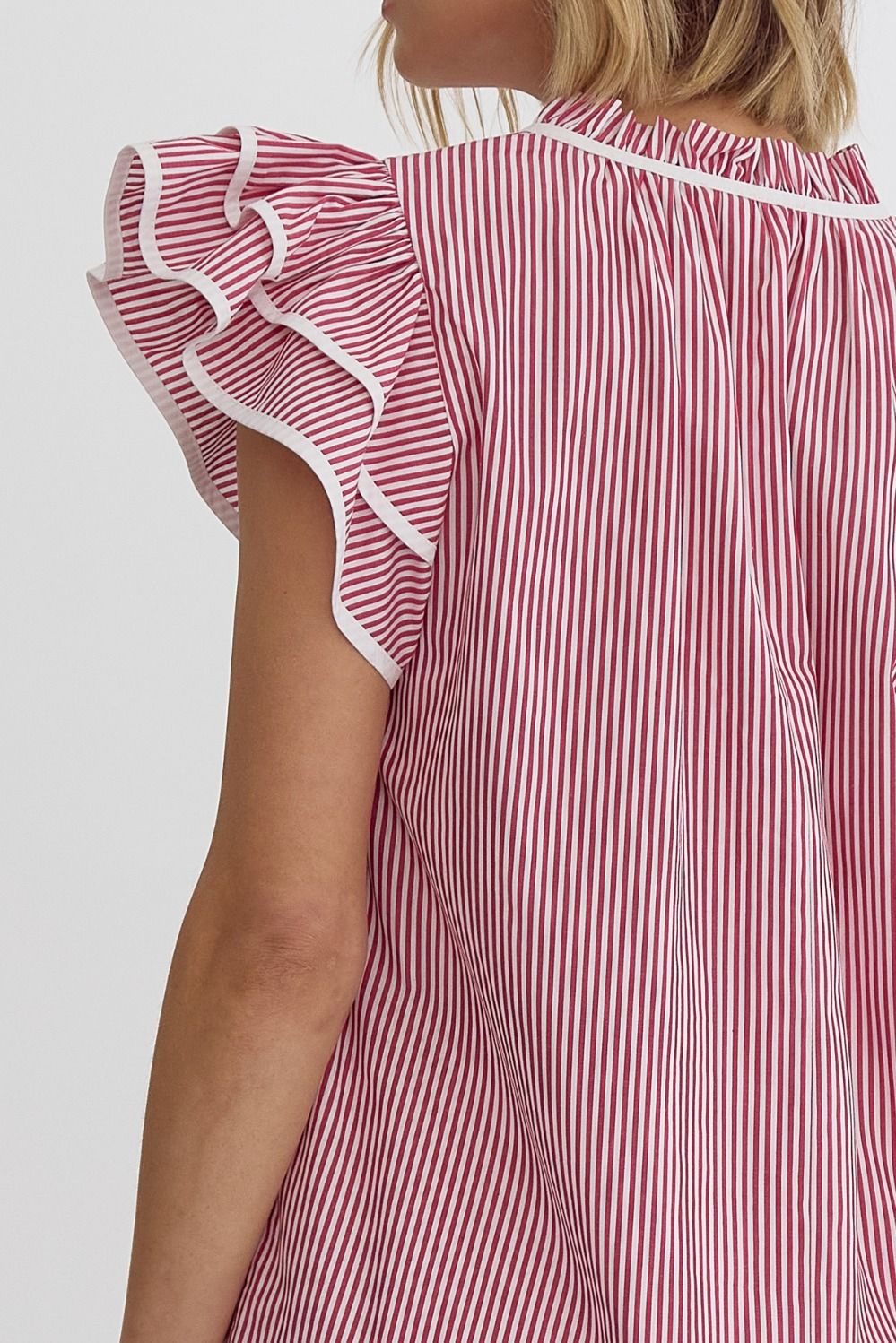 Striped Sleeves V-Neck Ruffled Neck and Sleeve