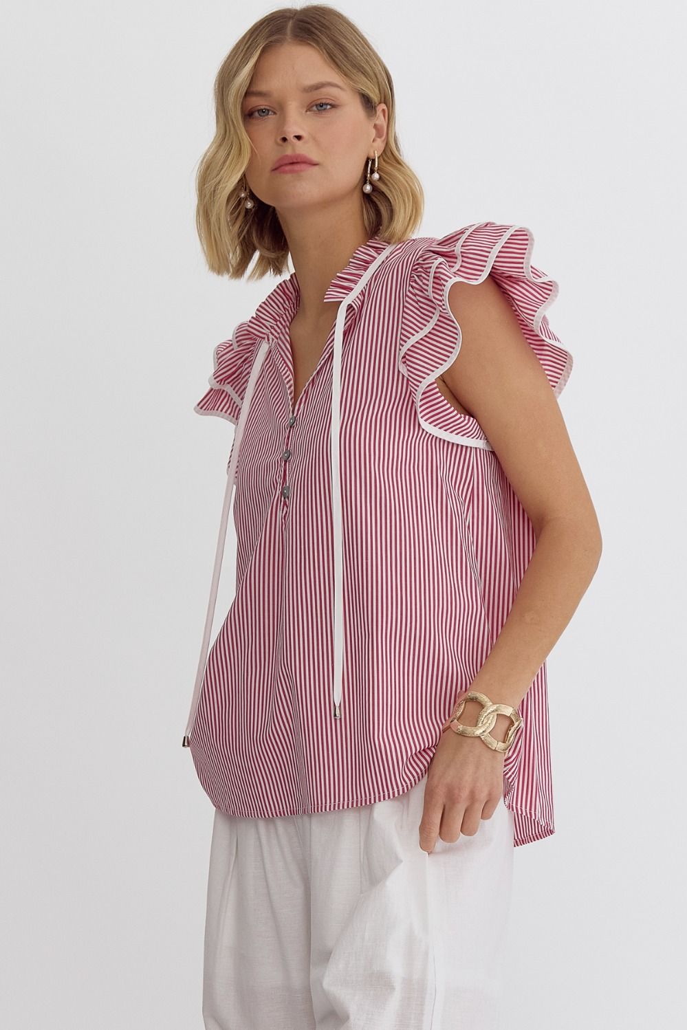 Striped Sleeves V-Neck Ruffled Neck and Sleeve