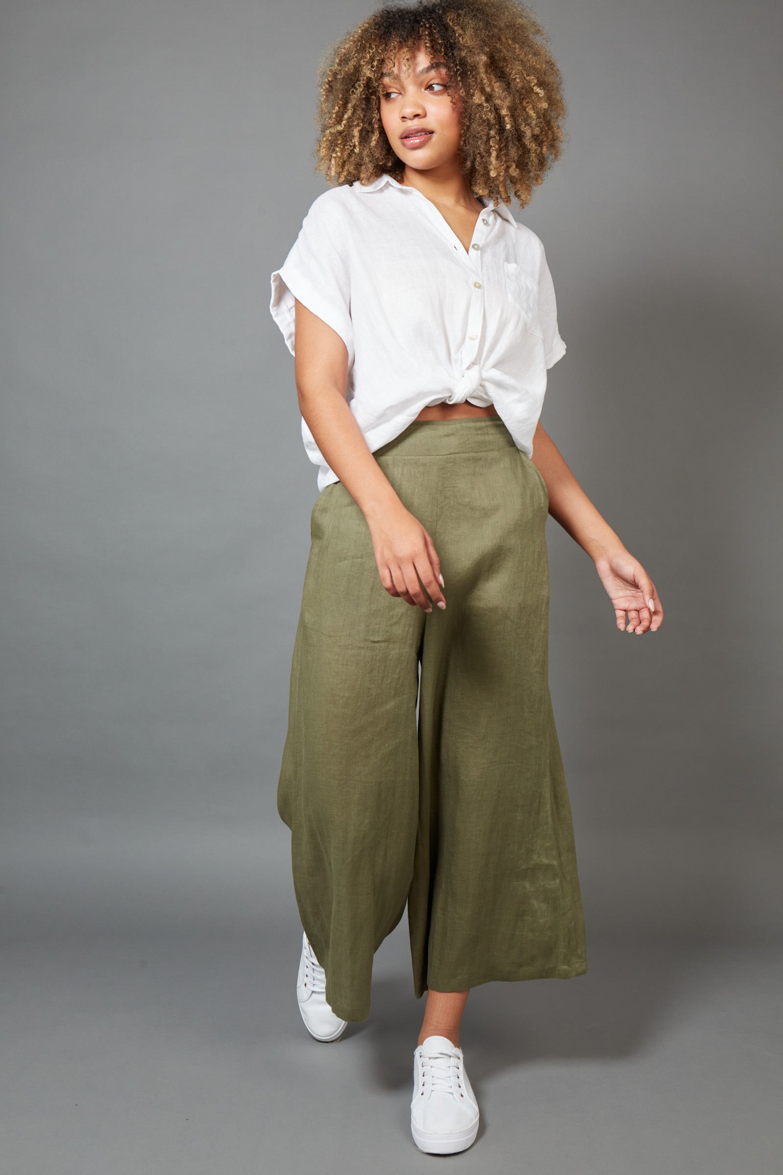 Studio Crop Linen Pant - Khaki