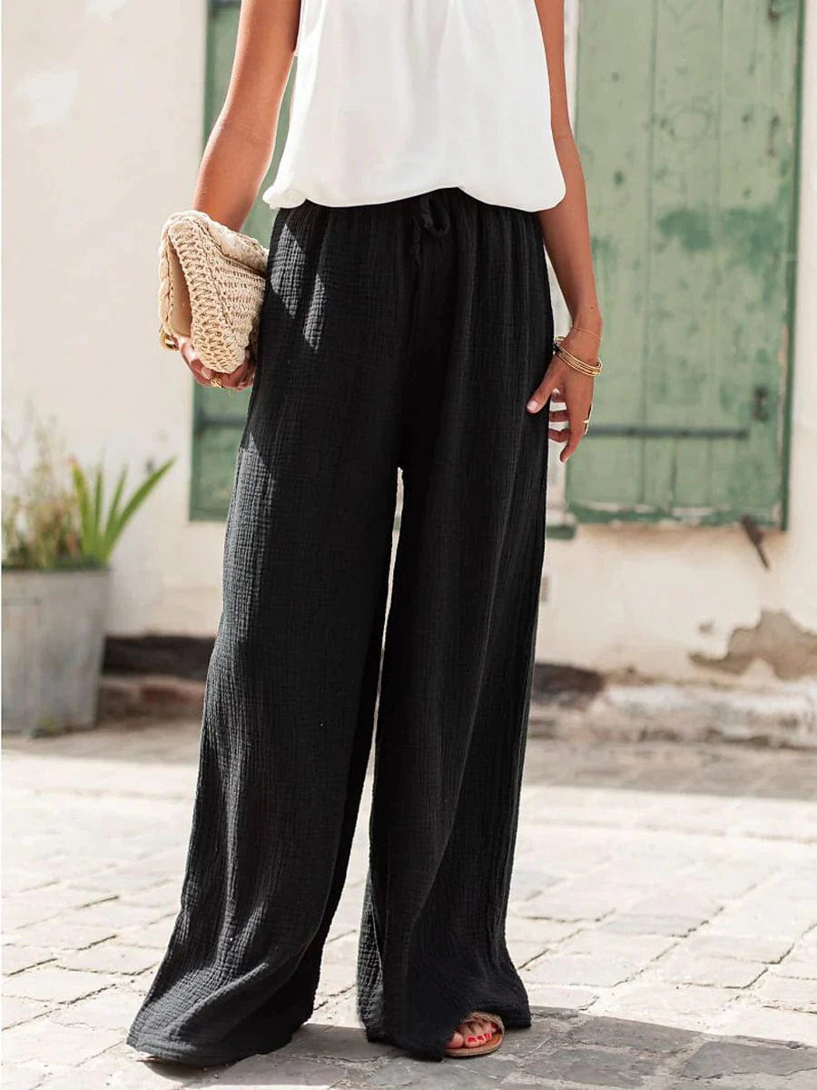 Stylish and Breathable Wide Leg Linen Cotton Pants with High Waist and Drawstring