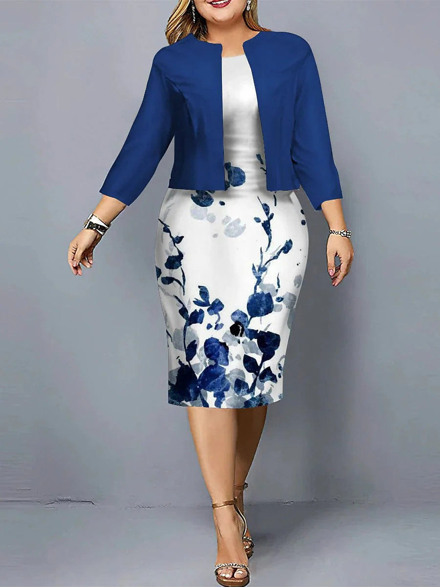 Stylish Plus Size Floral Geometric Print Two-Piece Dress for Women