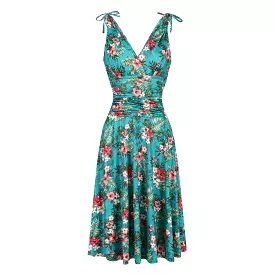 Teal Blue Floral Print Grecian V Neck 50s Swing Dress