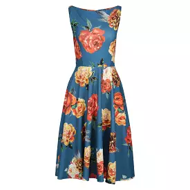 Teal Blue Rose Floral Print Audrey Style 1950s Swing Dress