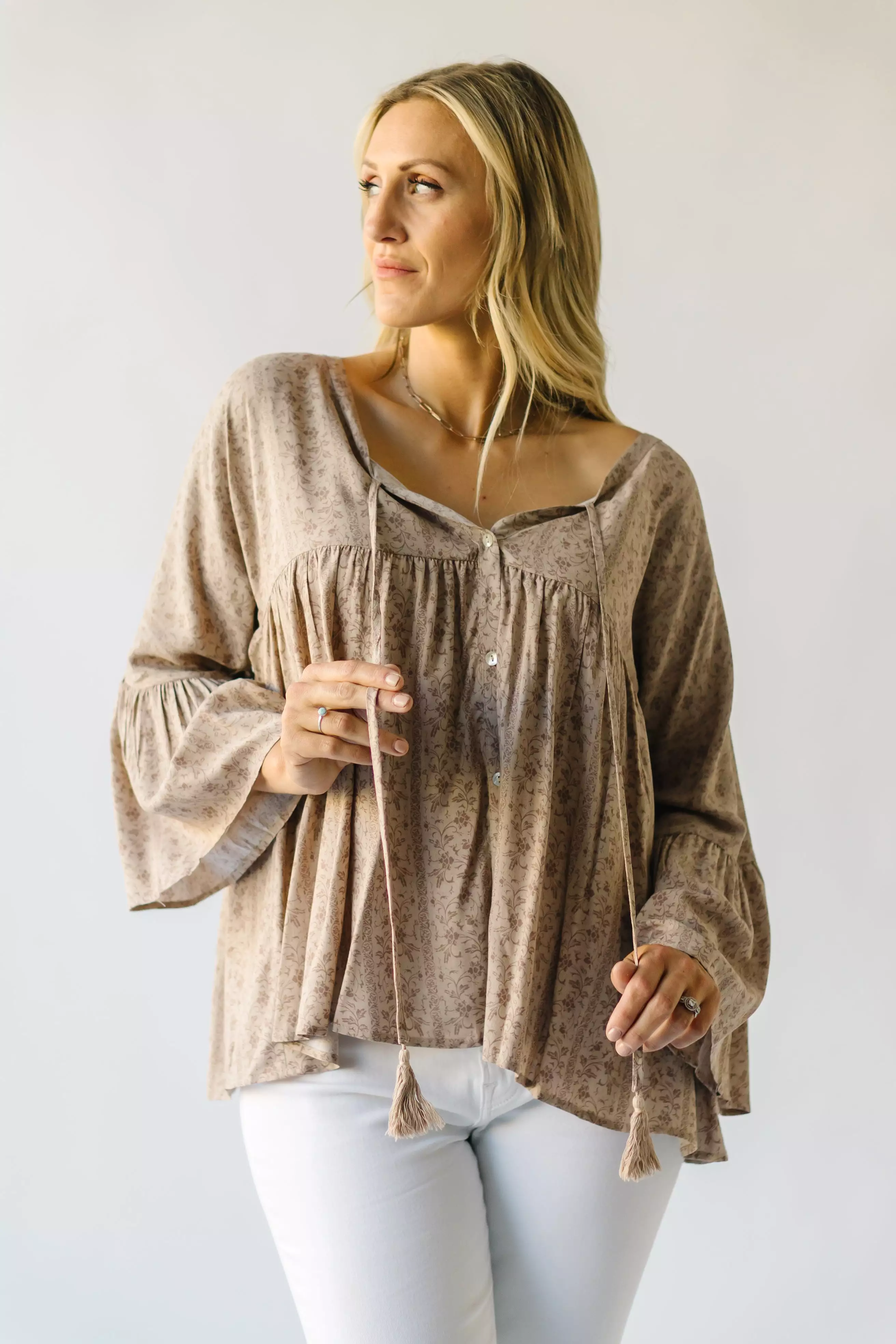 The Craigmont V-Neck Flare Blouse in Taupe