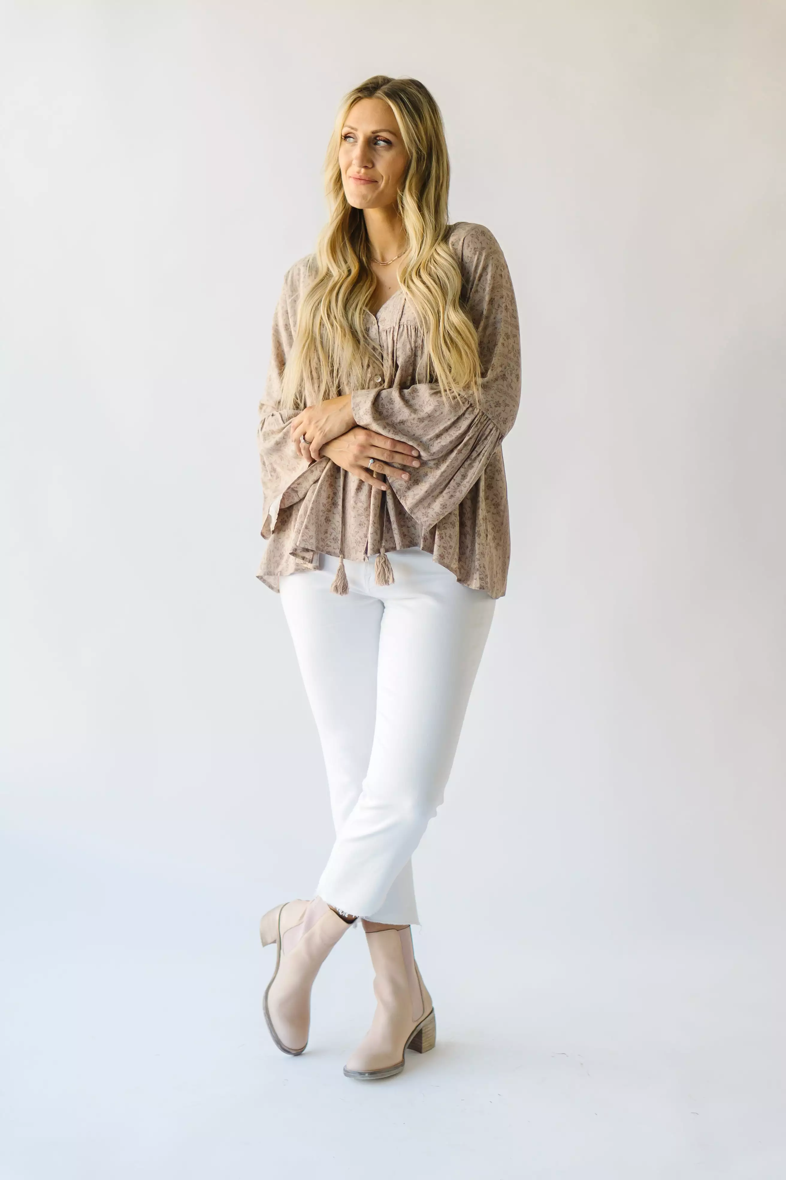 The Craigmont V-Neck Flare Blouse in Taupe