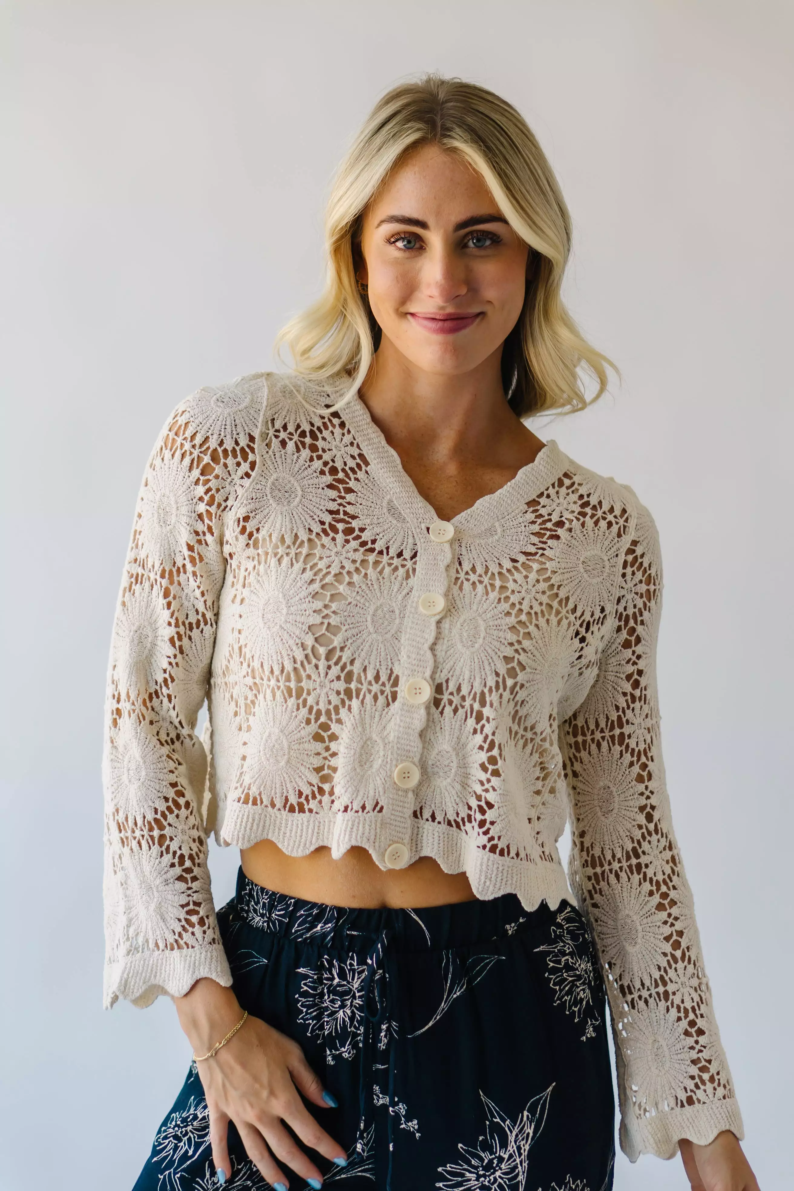 The Downey Crochet Cardigan in Natural