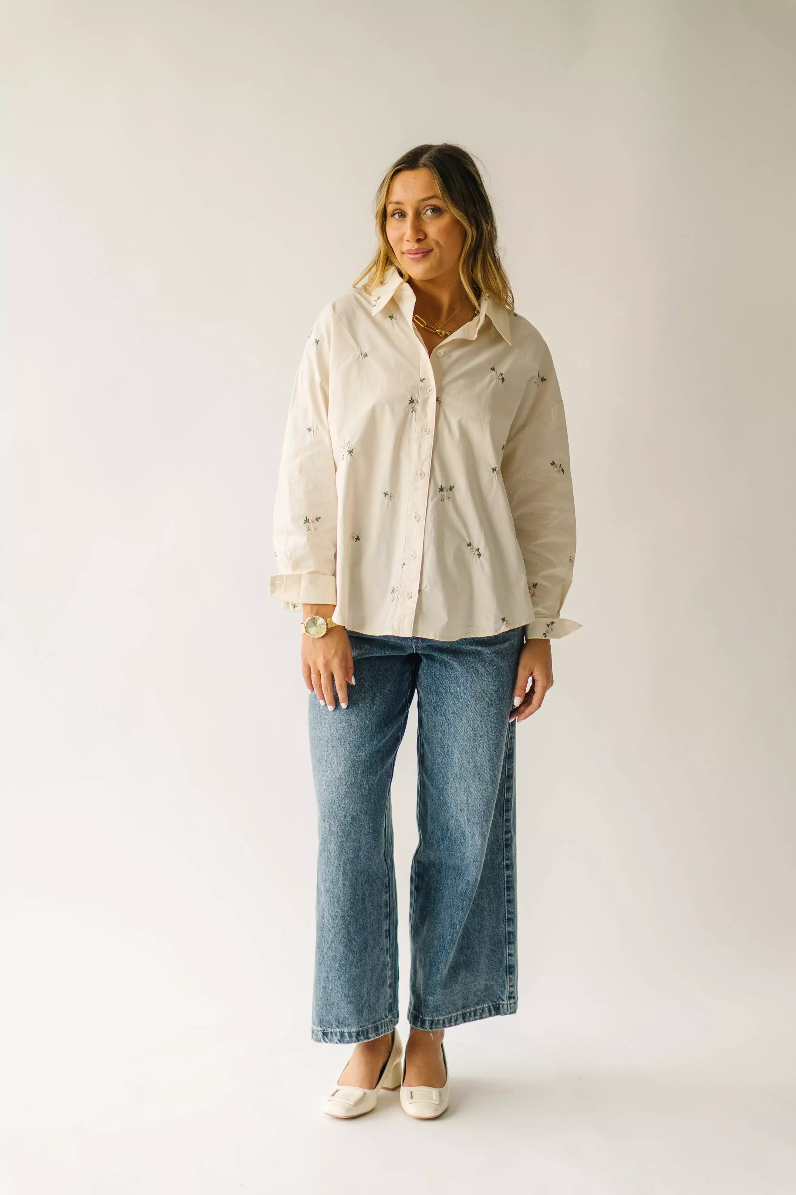 The Holloman Embroidered Poplin Blouse in Cream