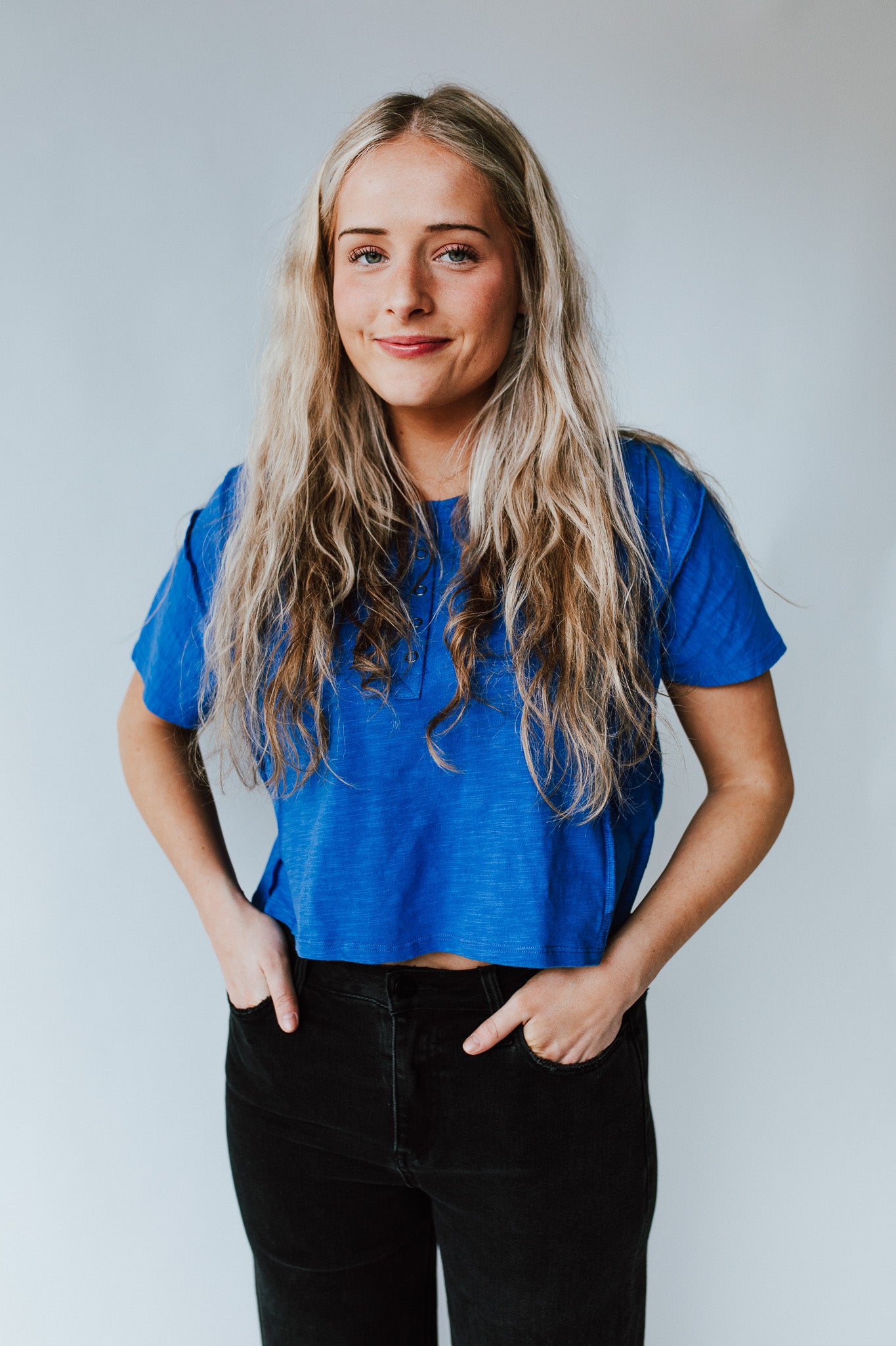 The Marsha Button-Up Tee in Cobalt Blue