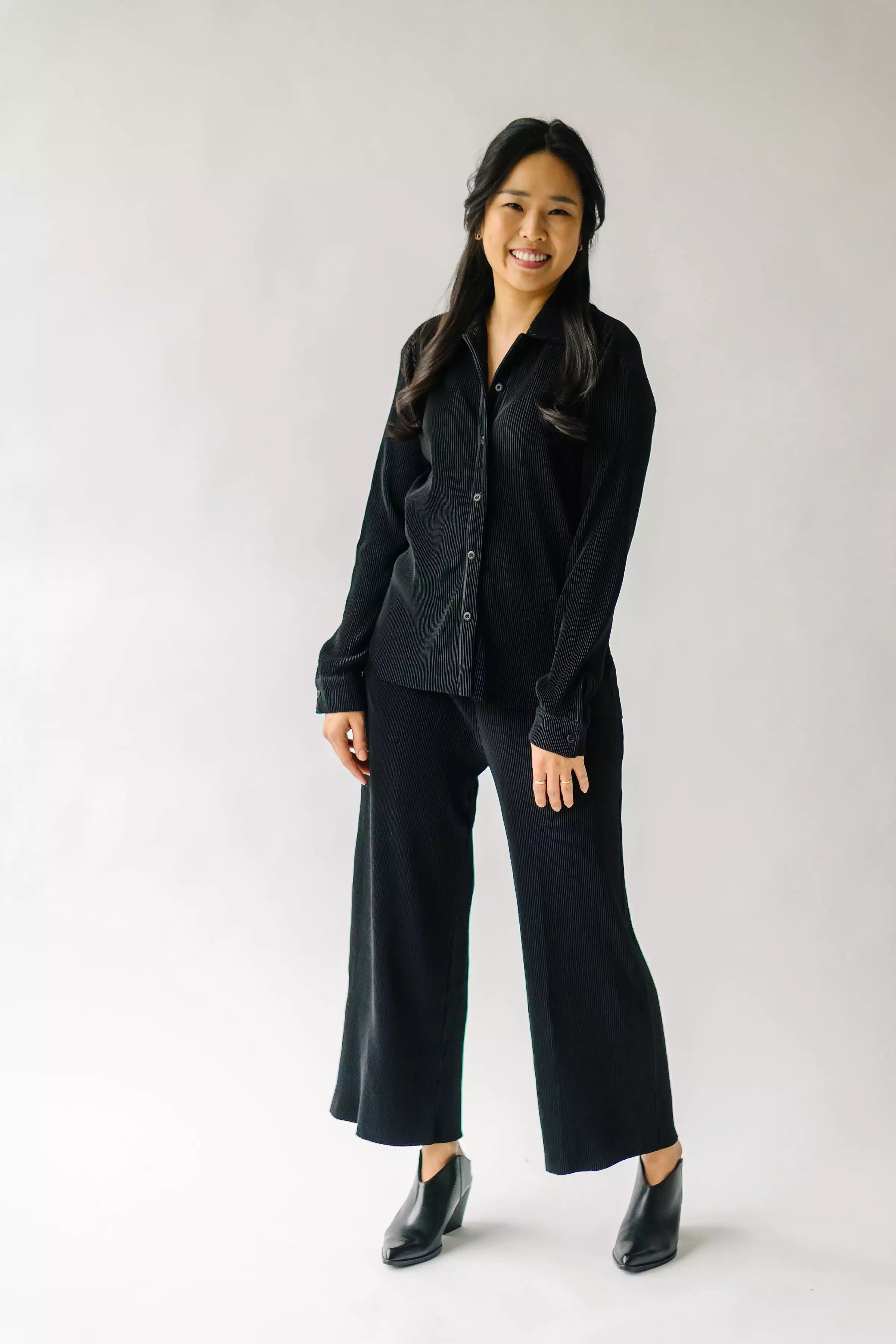 The Serena Crinkle Button Up Blouse in Black