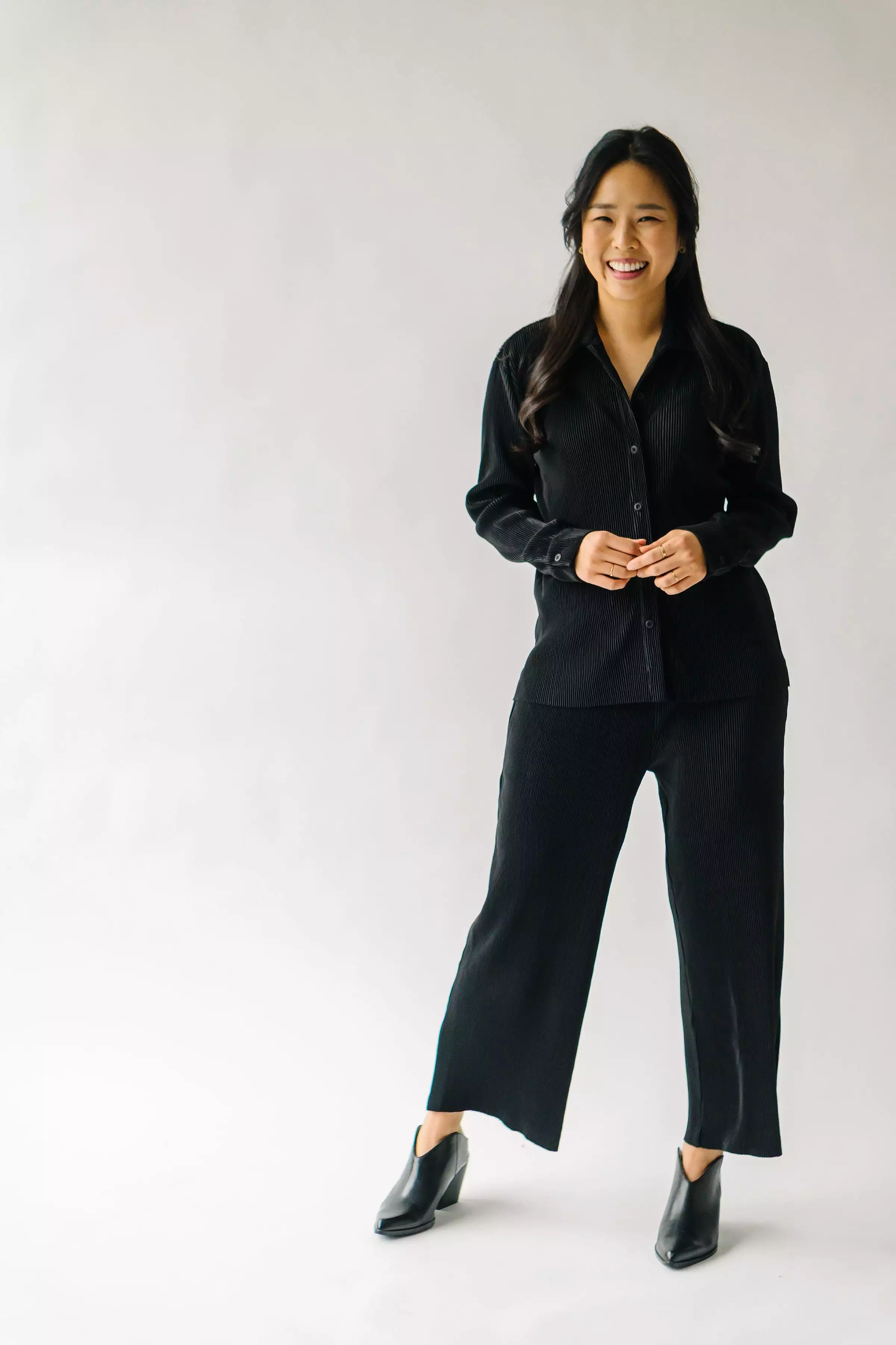 The Serena Crinkle Button Up Blouse in Black