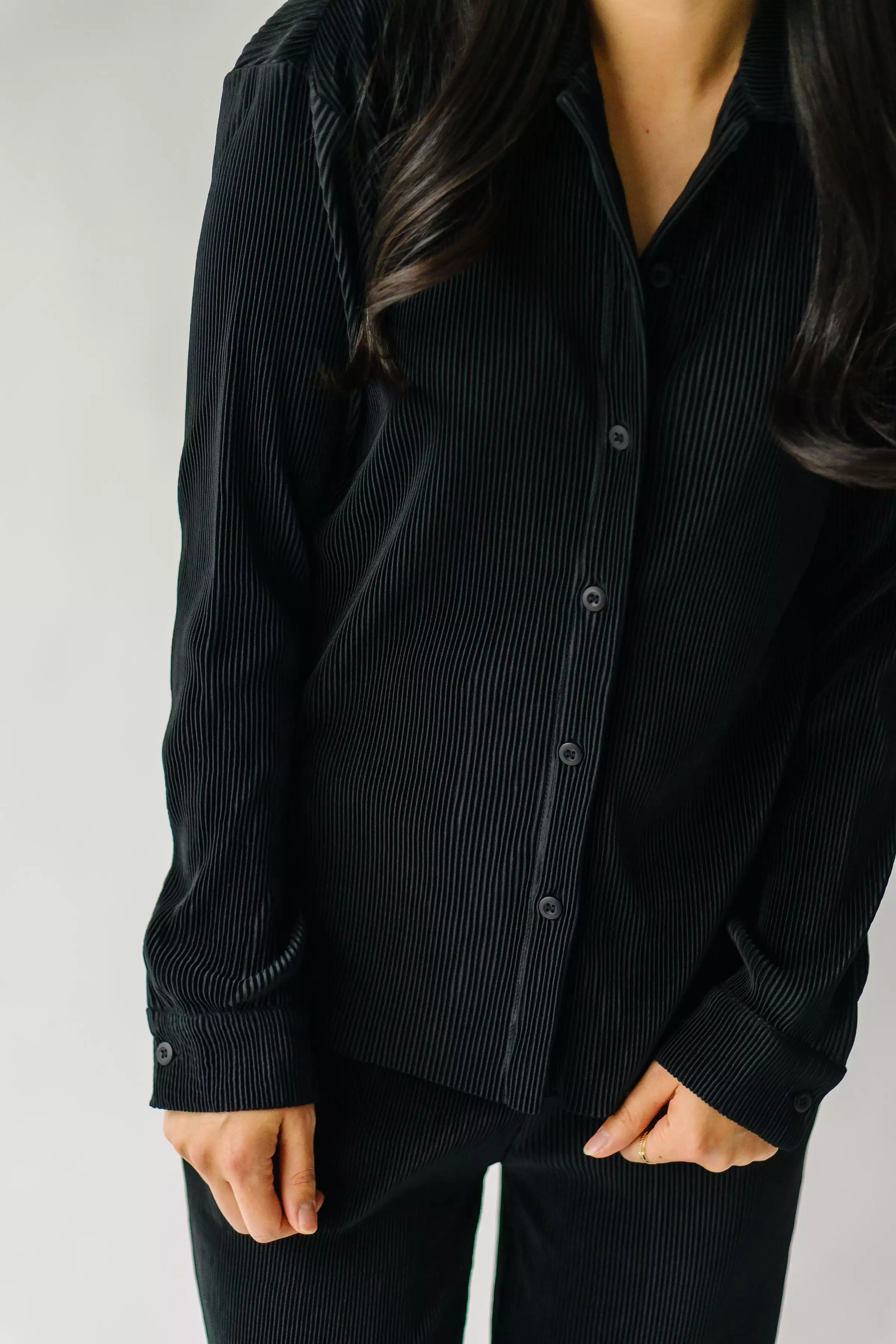 The Serena Crinkle Button Up Blouse in Black