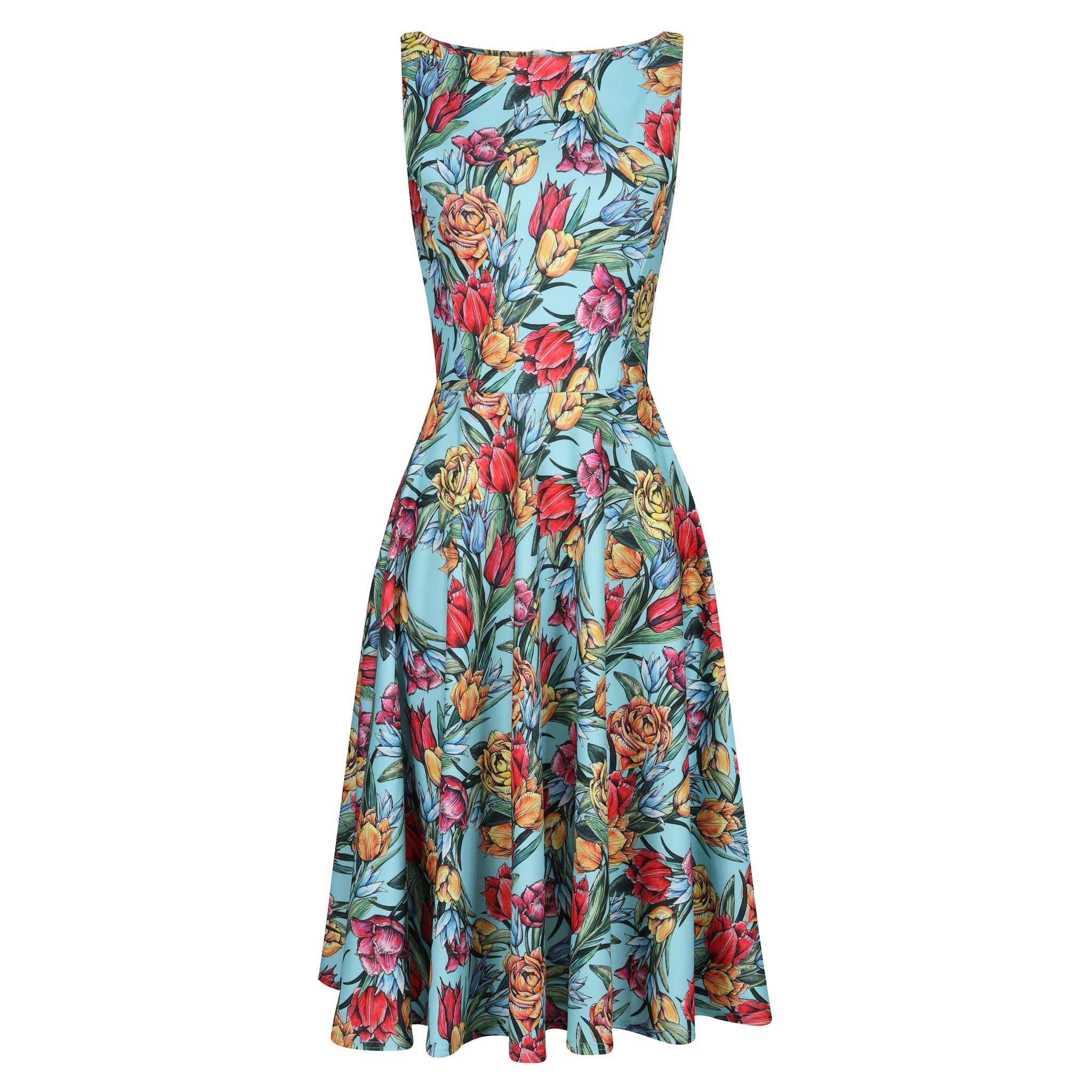 Turquoise Floral Print Audrey Style 1950s Swing Dress