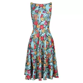 Turquoise Floral Print Audrey Style 1950s Swing Dress