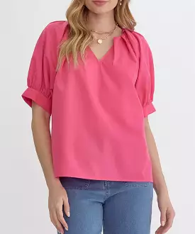 V-Neck Top with Pleat Detail - Pink OR Green